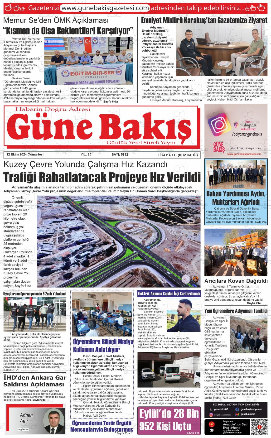 12 Ekim 2024 Adıyaman Günebakış Gazete Manşeti