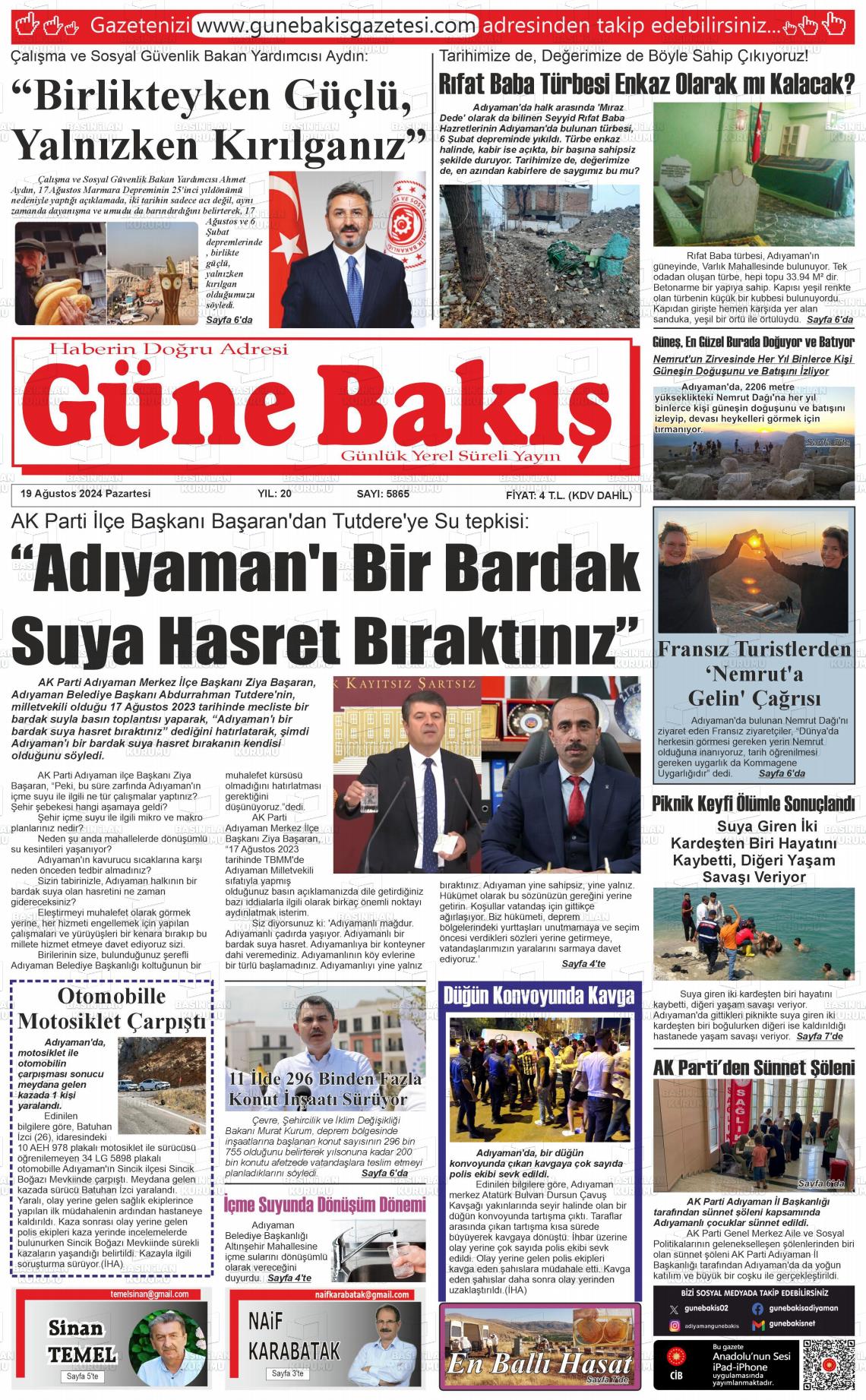 19 Ağustos 2024 Adıyaman Günebakış Gazete Manşeti