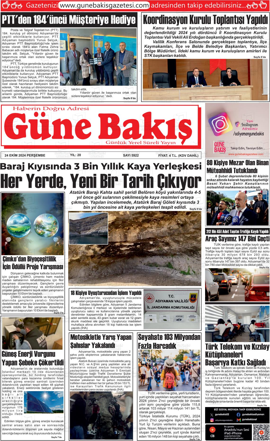 24 Ekim 2024 Adıyaman Günebakış Gazete Manşeti