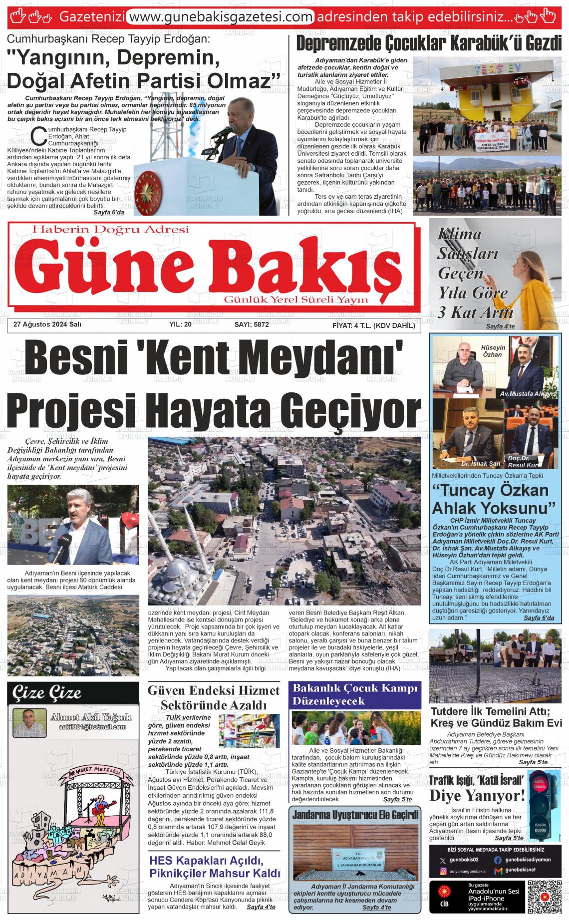 27 Ağustos 2024 Adıyaman Günebakış Gazete Manşeti