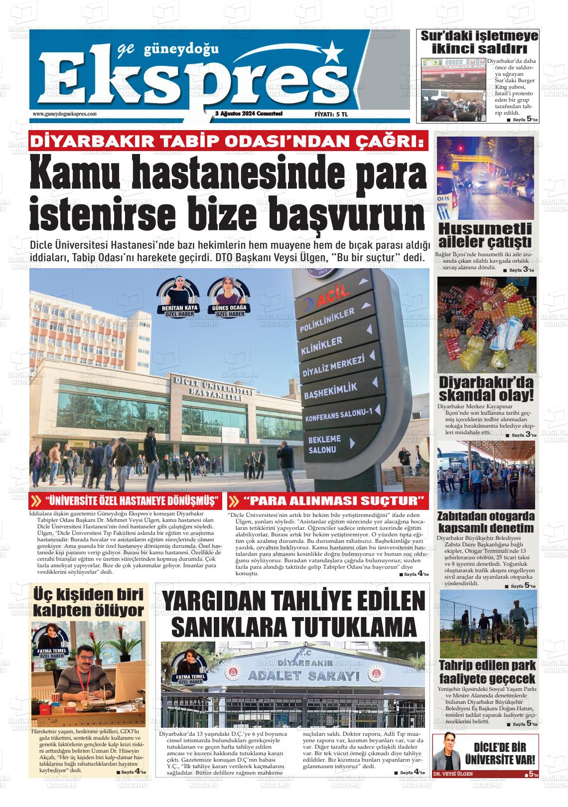 03 Ağustos 2024 Güneydoğu Ekspres Gazete Manşeti