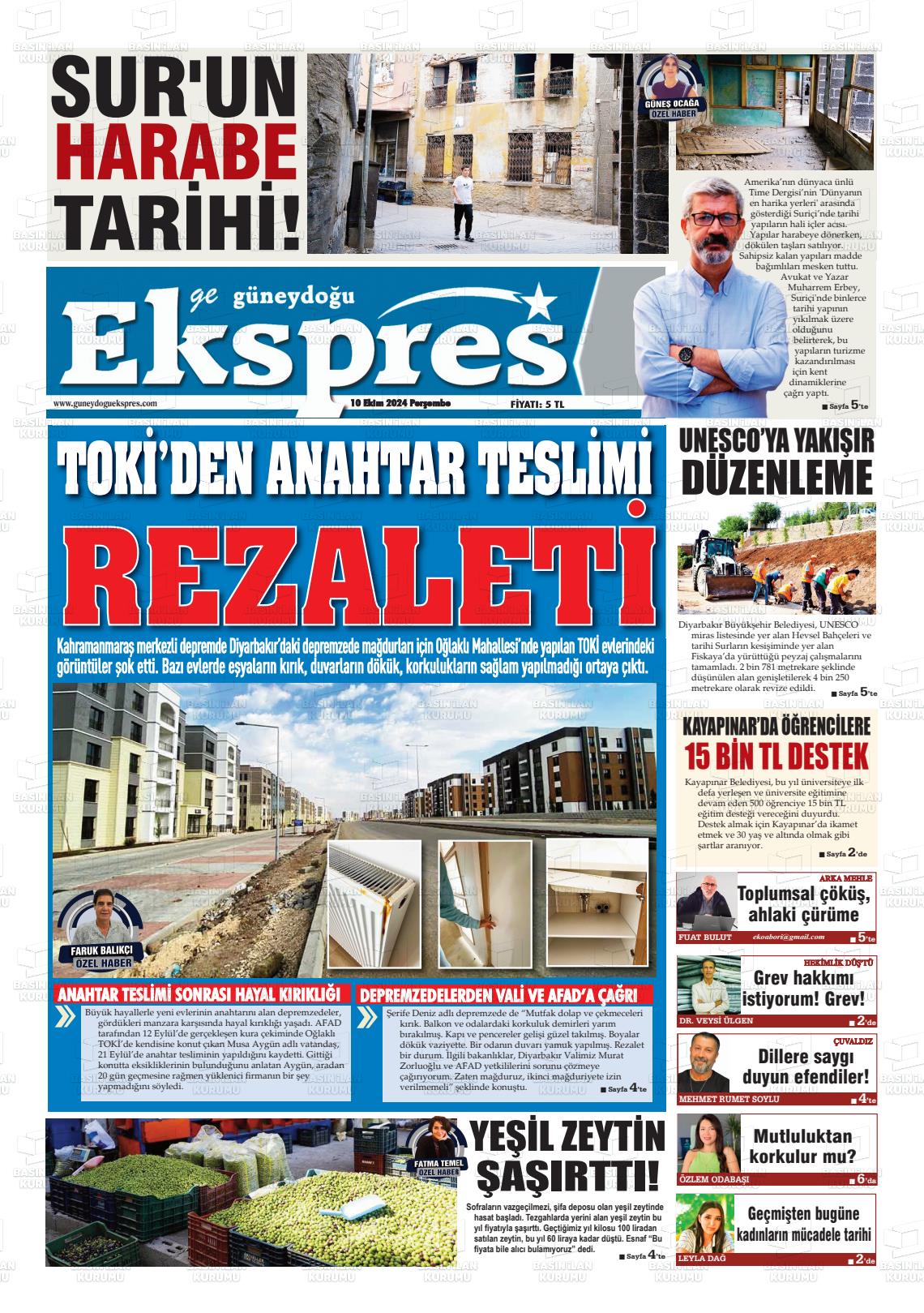 10 Ekim 2024 Güneydoğu Ekspres Gazete Manşeti