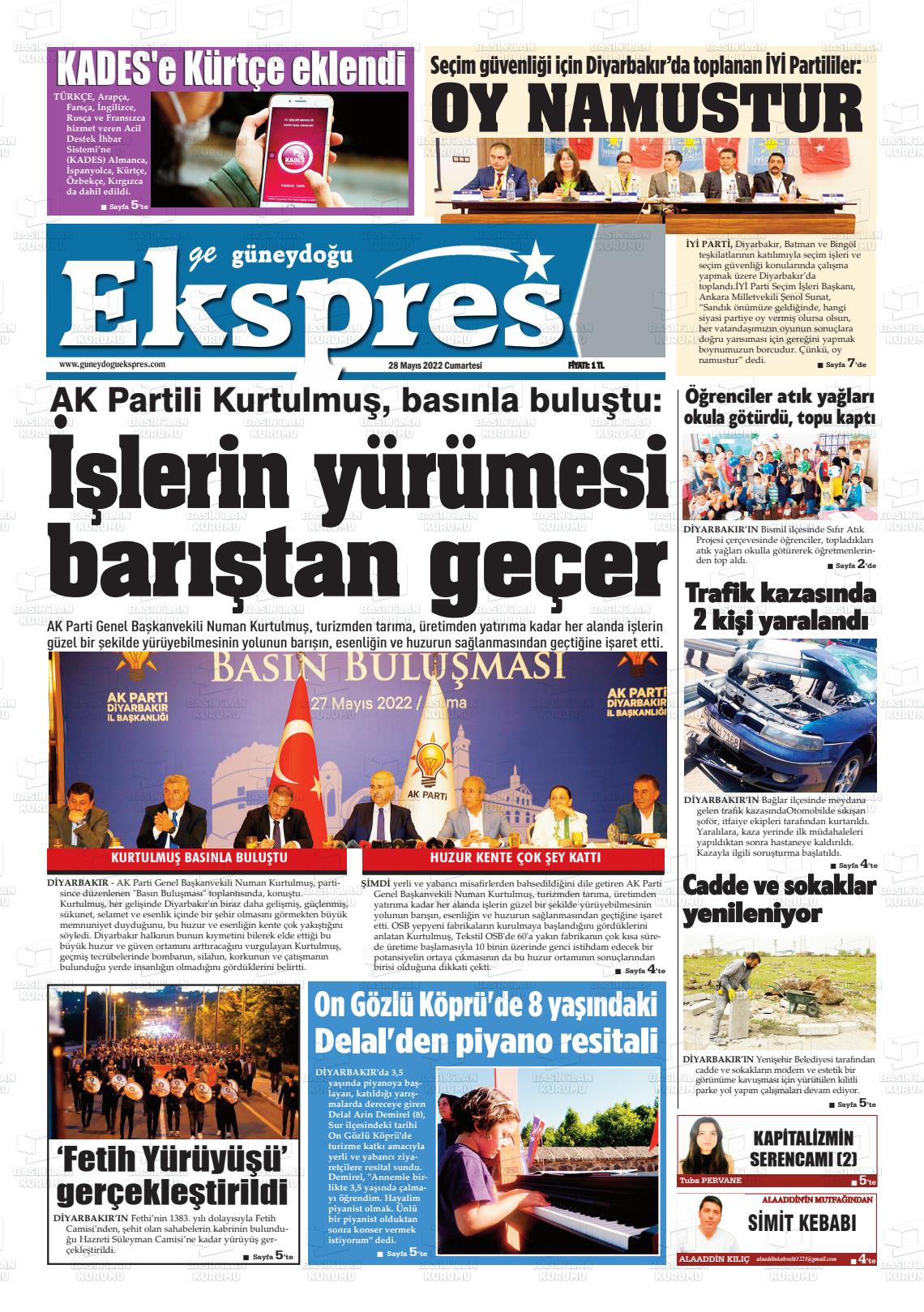 28 Mayıs 2022 Güneydoğu Ekspres Gazete Manşeti