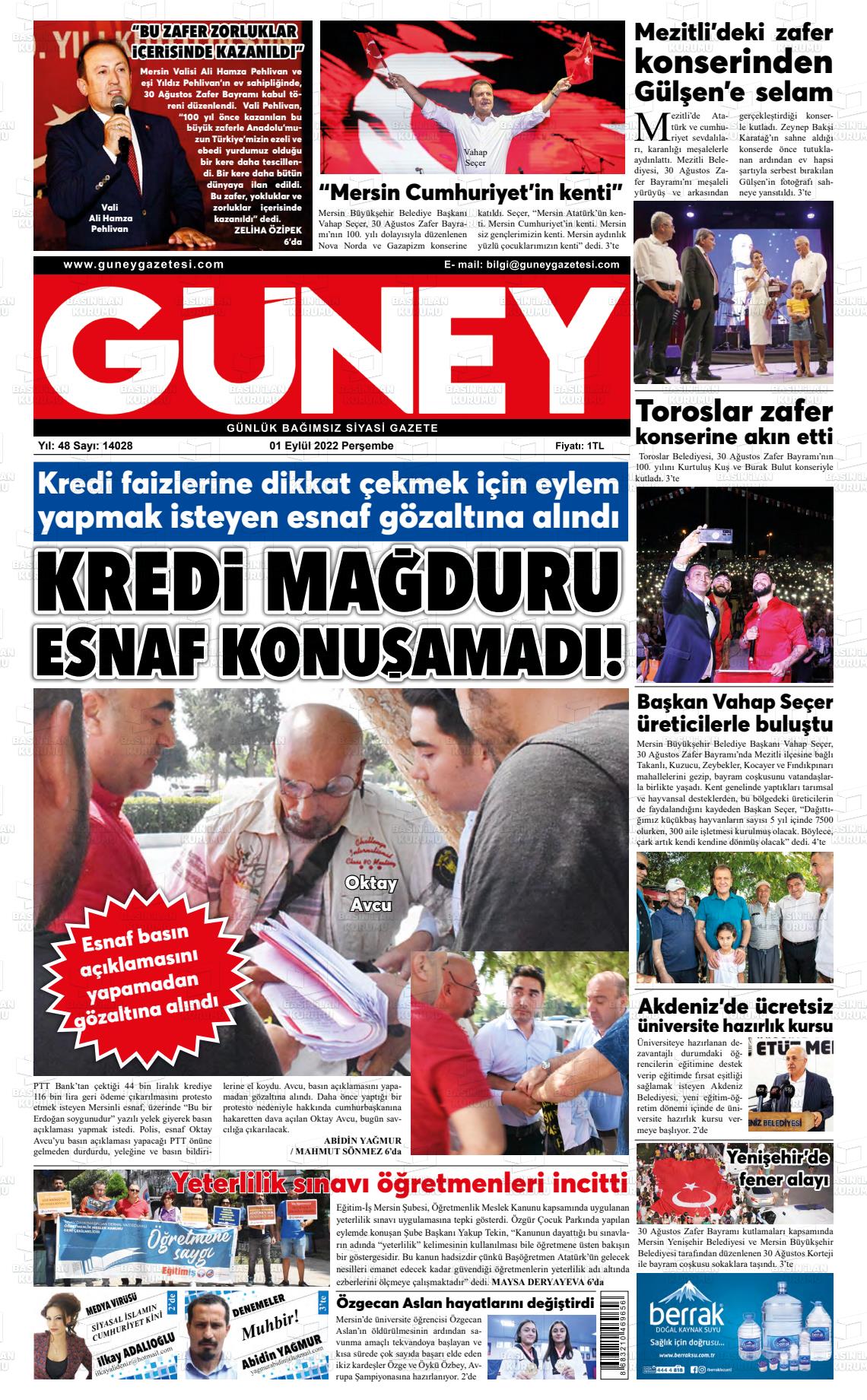 01 Eylül 2022 Mersin Güney Gazete Manşeti