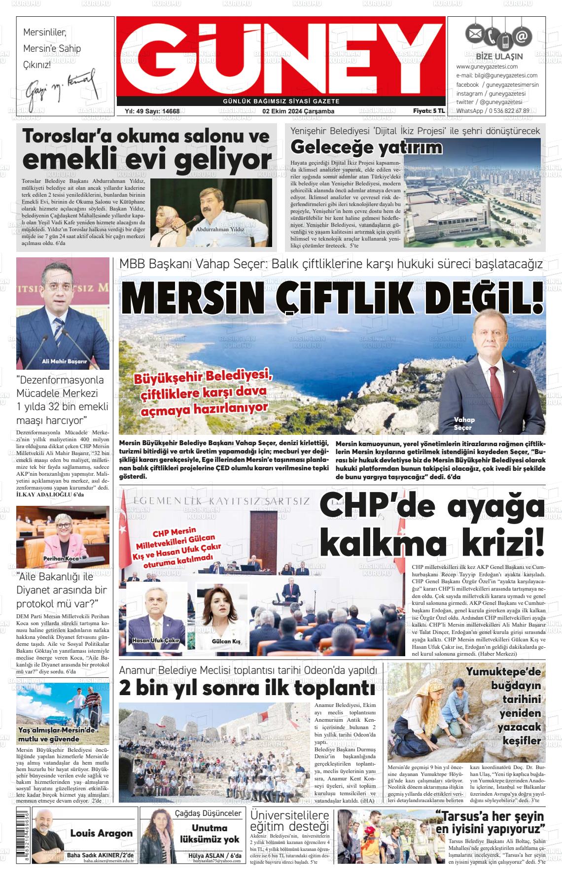 02 Ekim 2024 Mersin Güney Gazete Manşeti