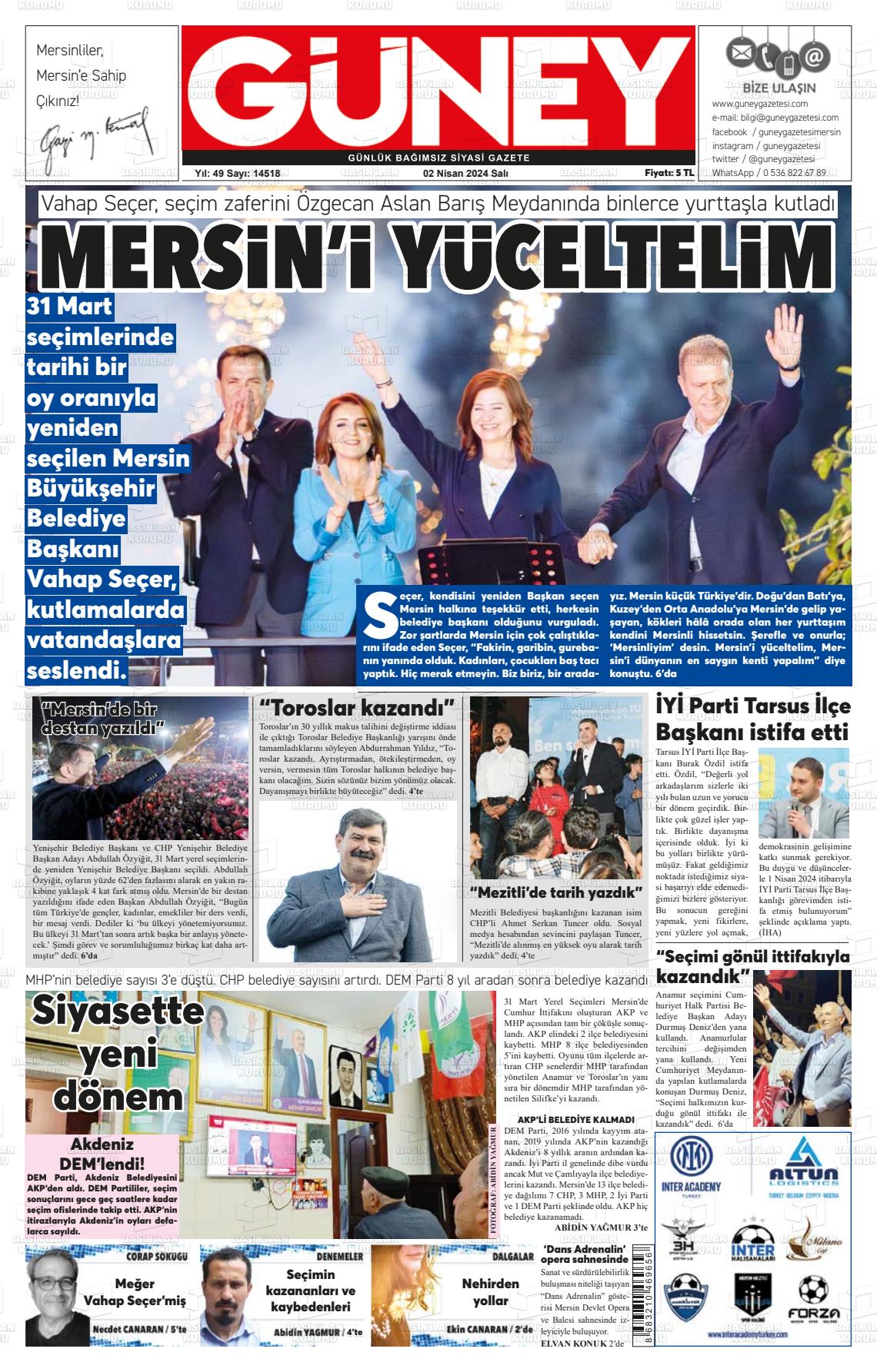 02 Nisan 2024 Mersin Güney Gazete Manşeti