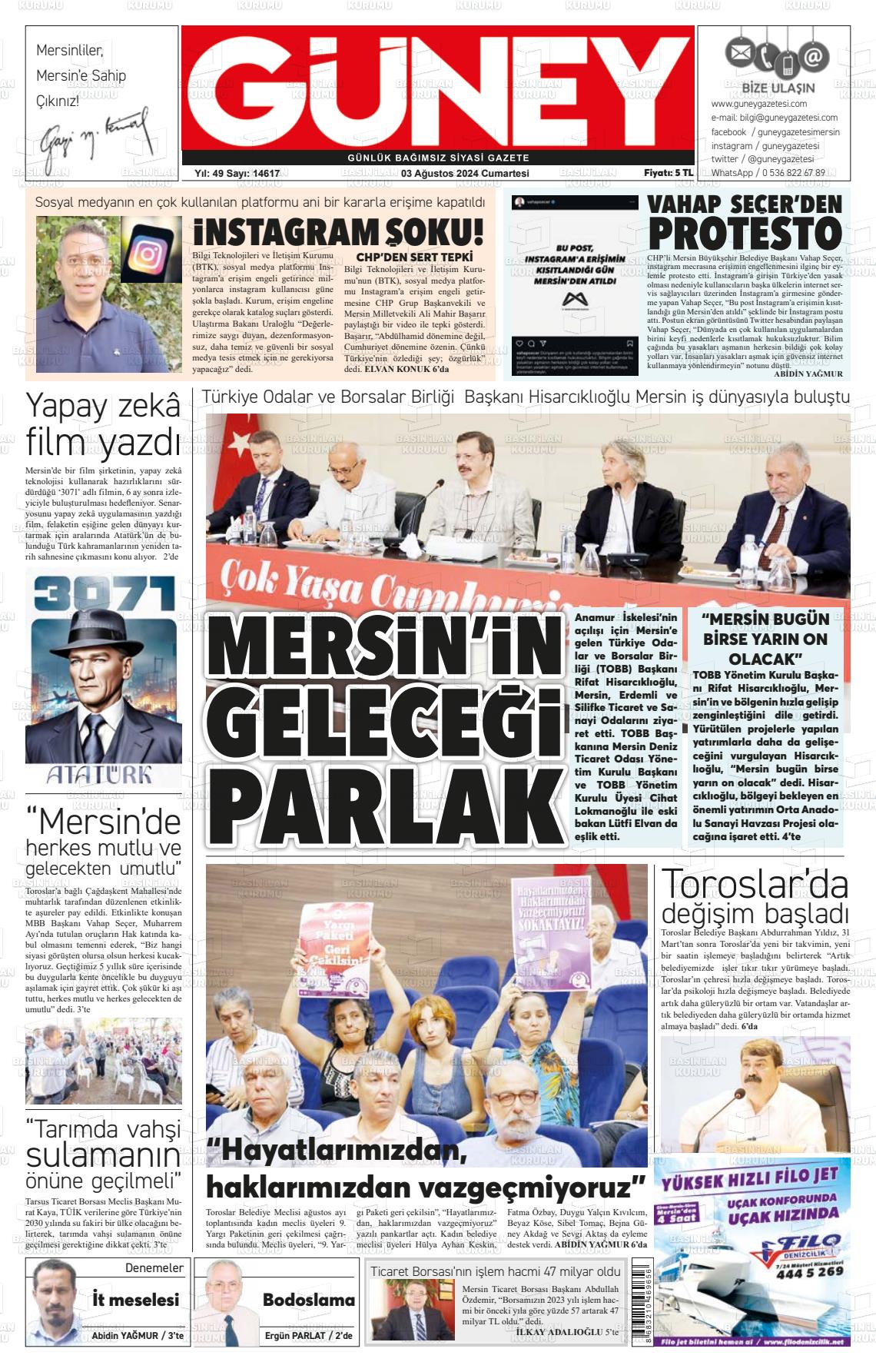 03 Ağustos 2024 Mersin Güney Gazete Manşeti