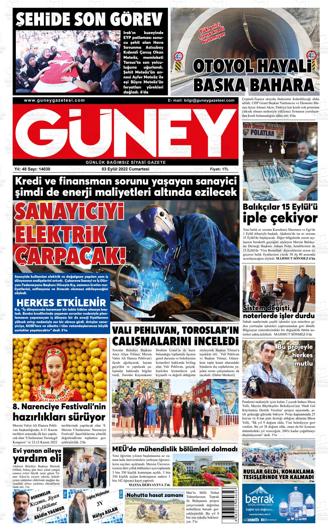 01 Kasım 2022 Mersin Güney Gazete Manşeti