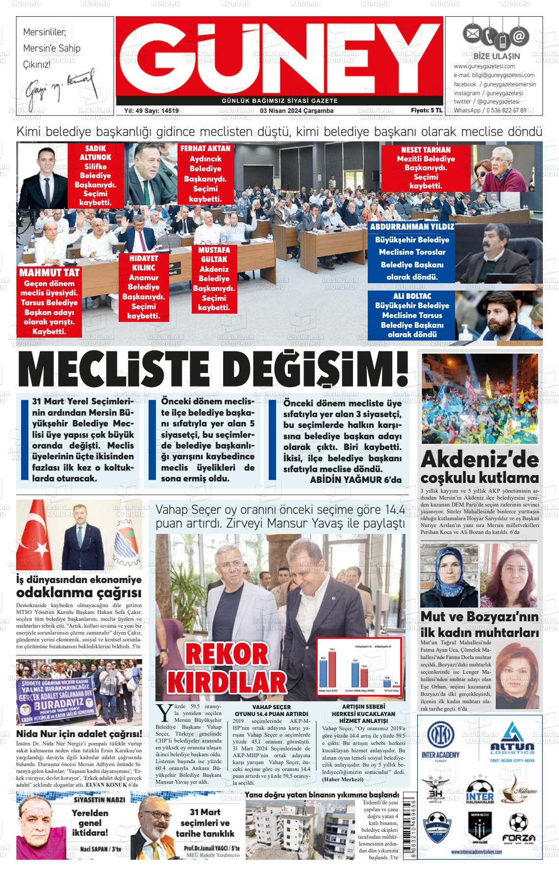 03 Nisan 2024 Mersin Güney Gazete Manşeti