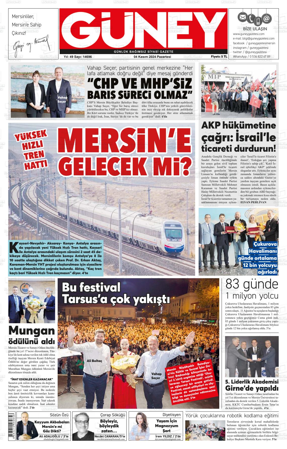 04 Kasım 2024 Mersin Güney Gazete Manşeti