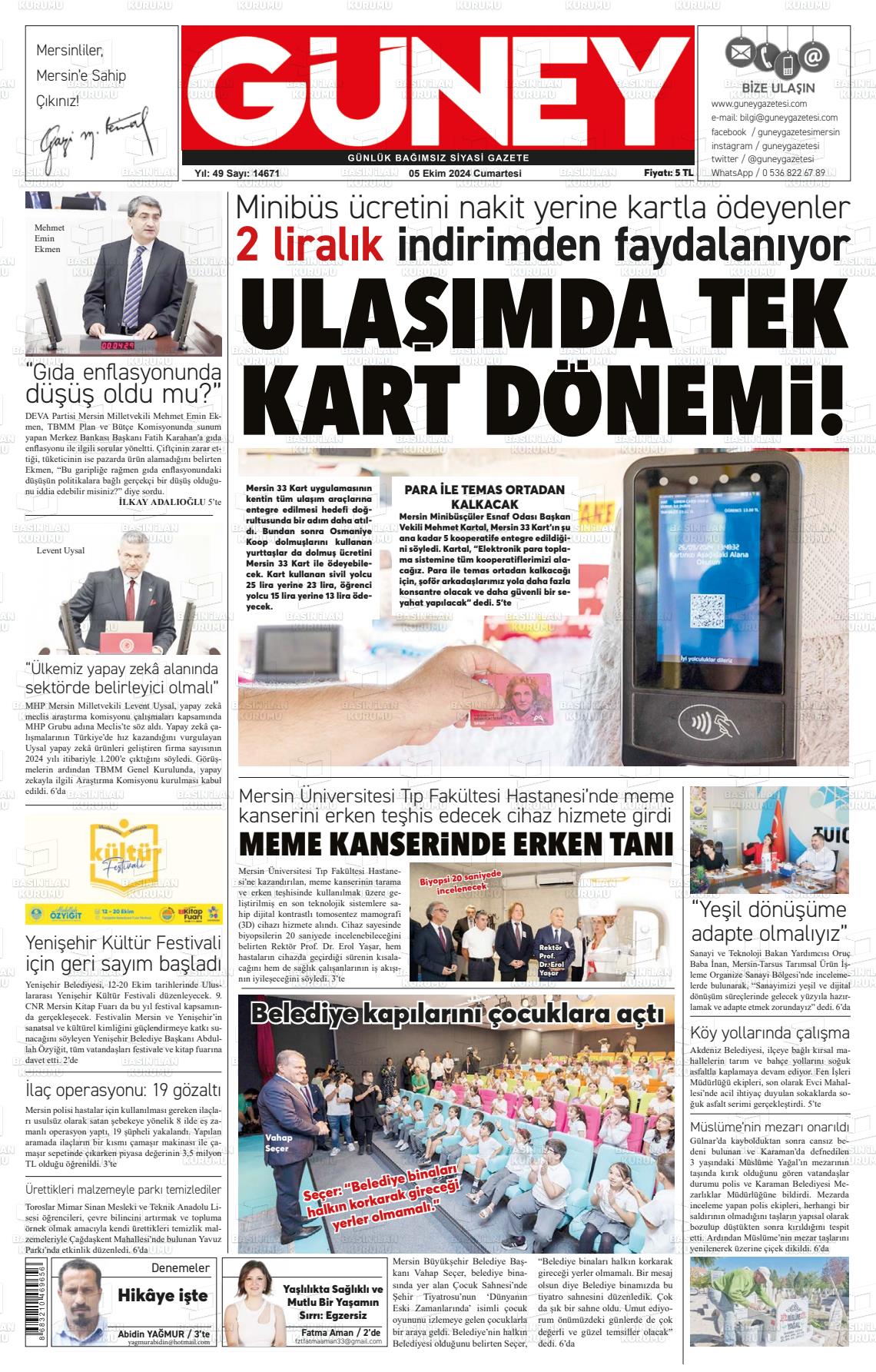 05 Ekim 2024 Mersin Güney Gazete Manşeti