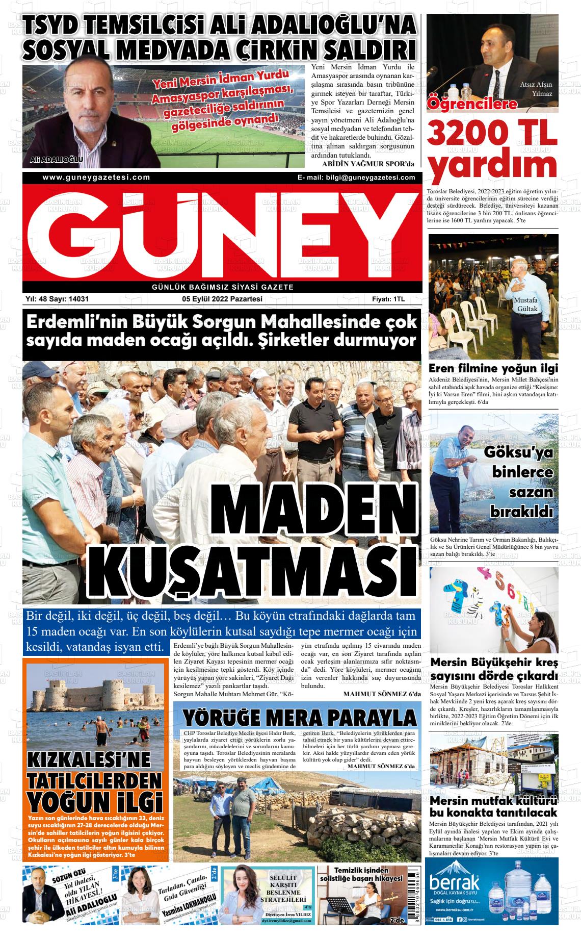 05 Eylül 2022 Mersin Güney Gazete Manşeti