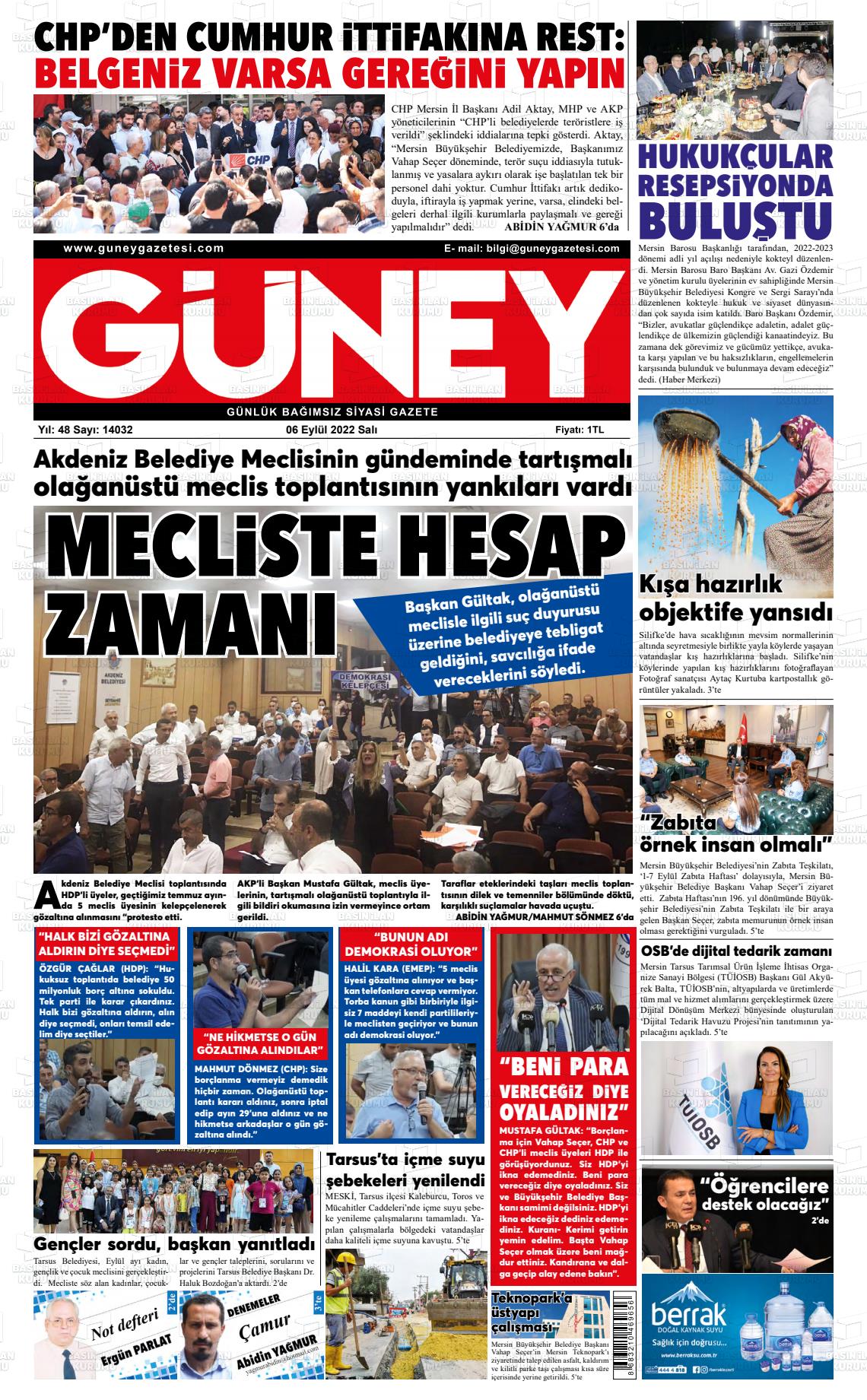 06 Eylül 2022 Mersin Güney Gazete Manşeti