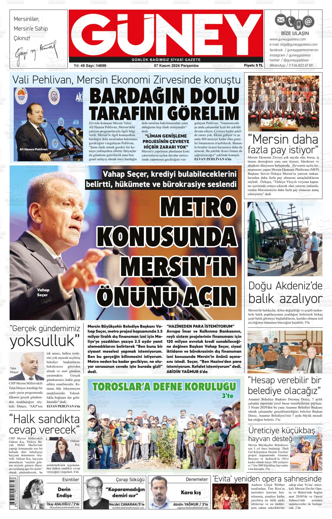 07 Kasım 2024 Mersin Güney Gazete Manşeti