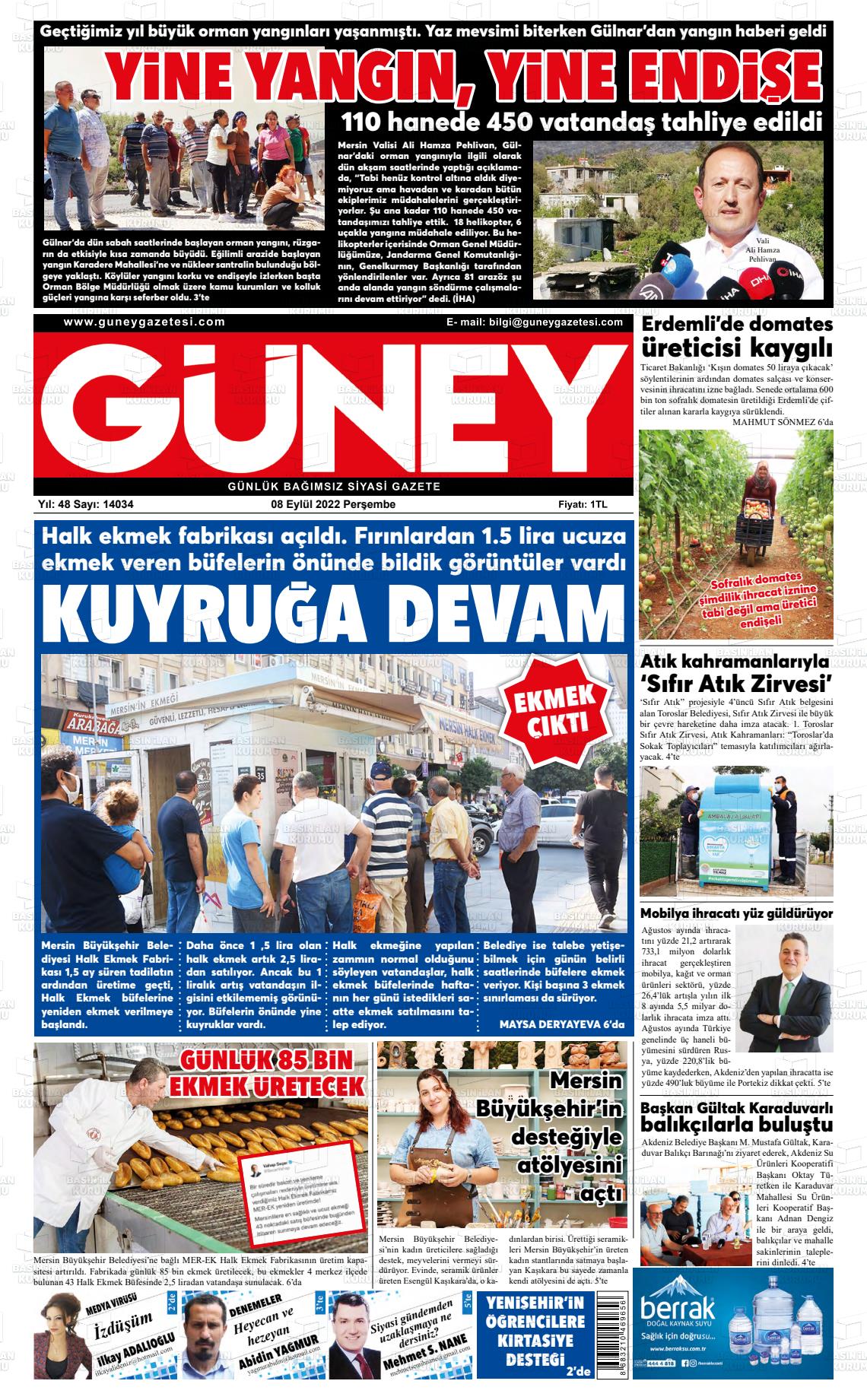 08 Eylül 2022 Mersin Güney Gazete Manşeti