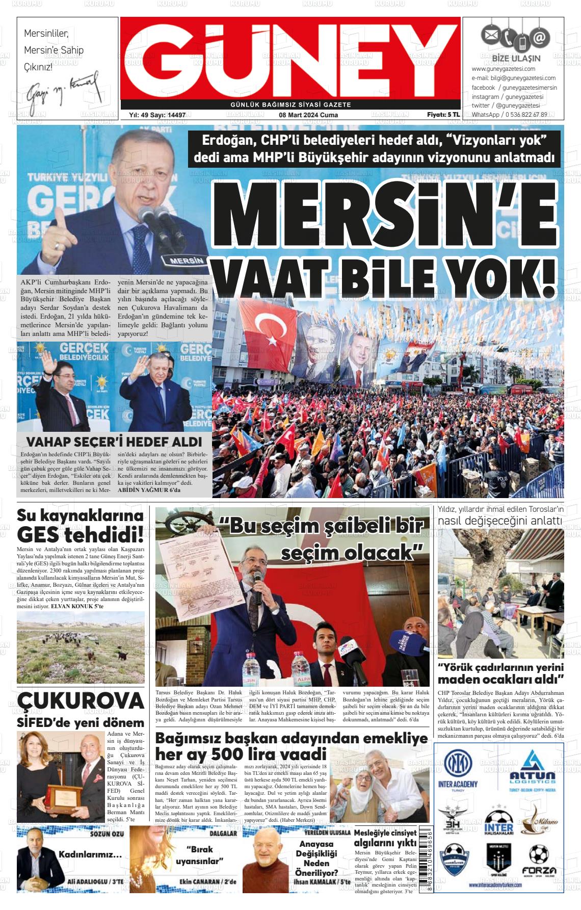 08 Mart 2024 Mersin Güney Gazete Manşeti