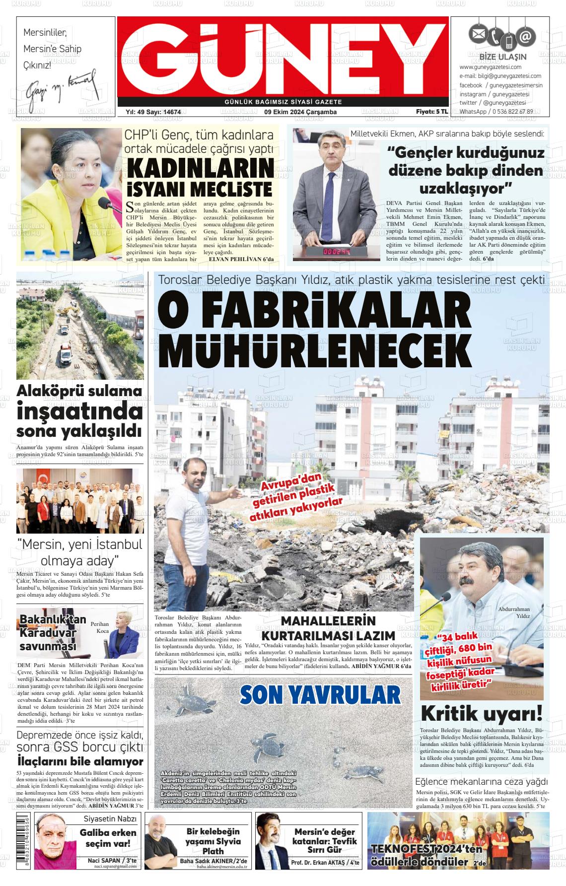 09 Ekim 2024 Mersin Güney Gazete Manşeti