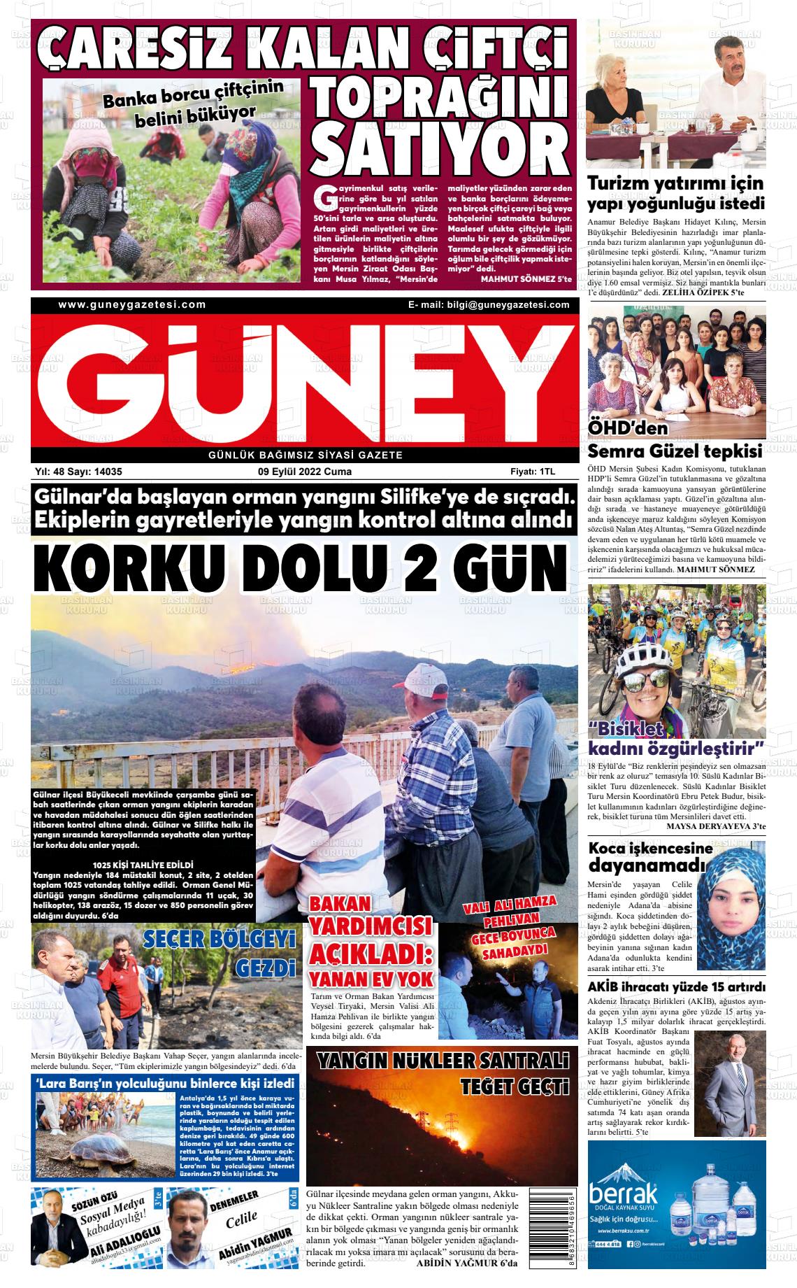 07 Kasım 2022 Mersin Güney Gazete Manşeti