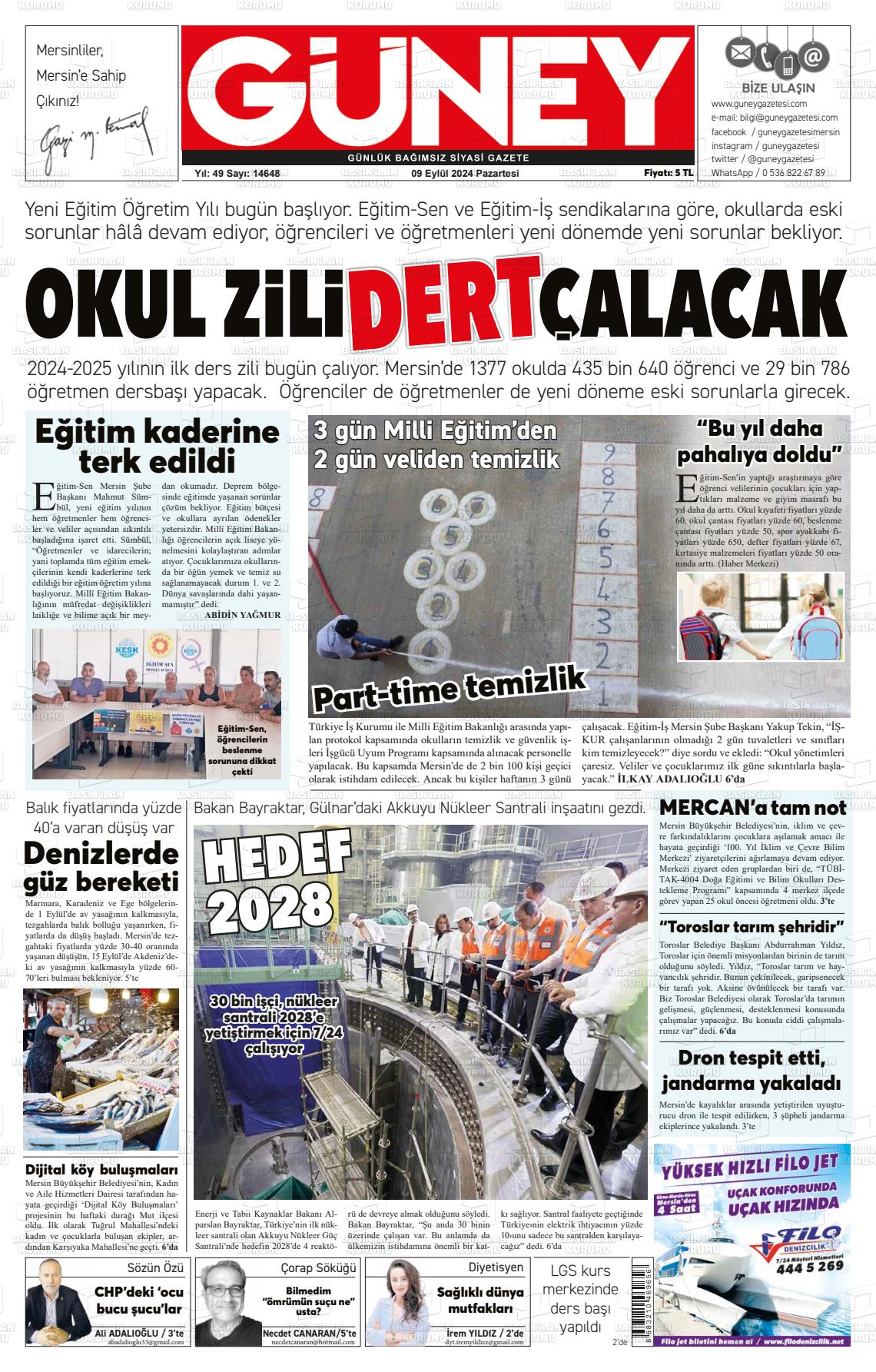 09 Eylül 2024 Mersin Güney Gazete Manşeti