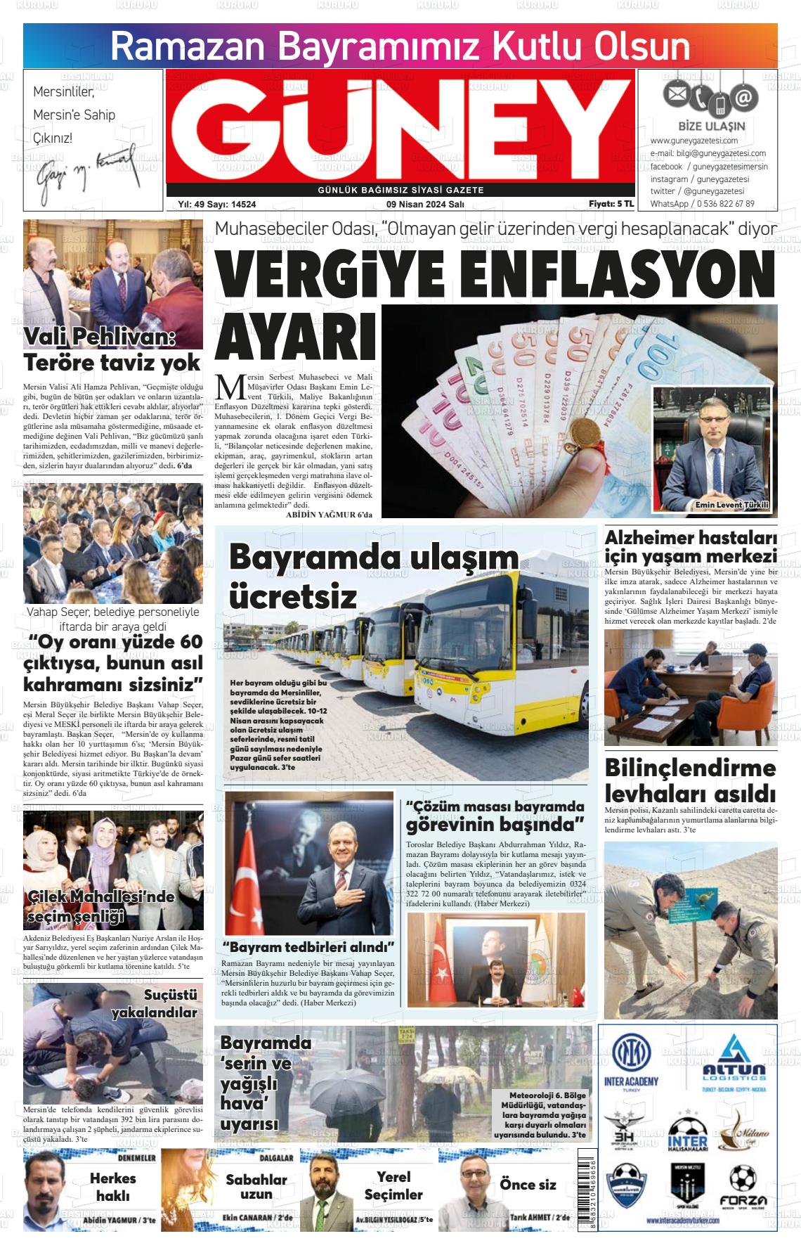 09 Nisan 2024 Mersin Güney Gazete Manşeti