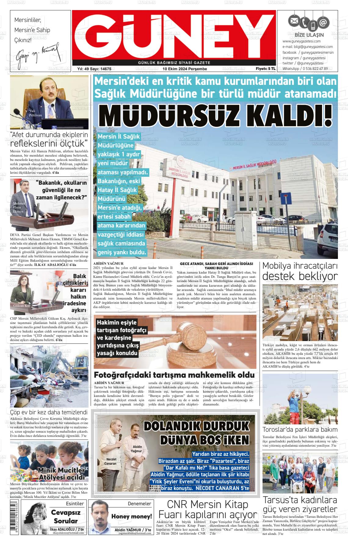 10 Ekim 2024 Mersin Güney Gazete Manşeti