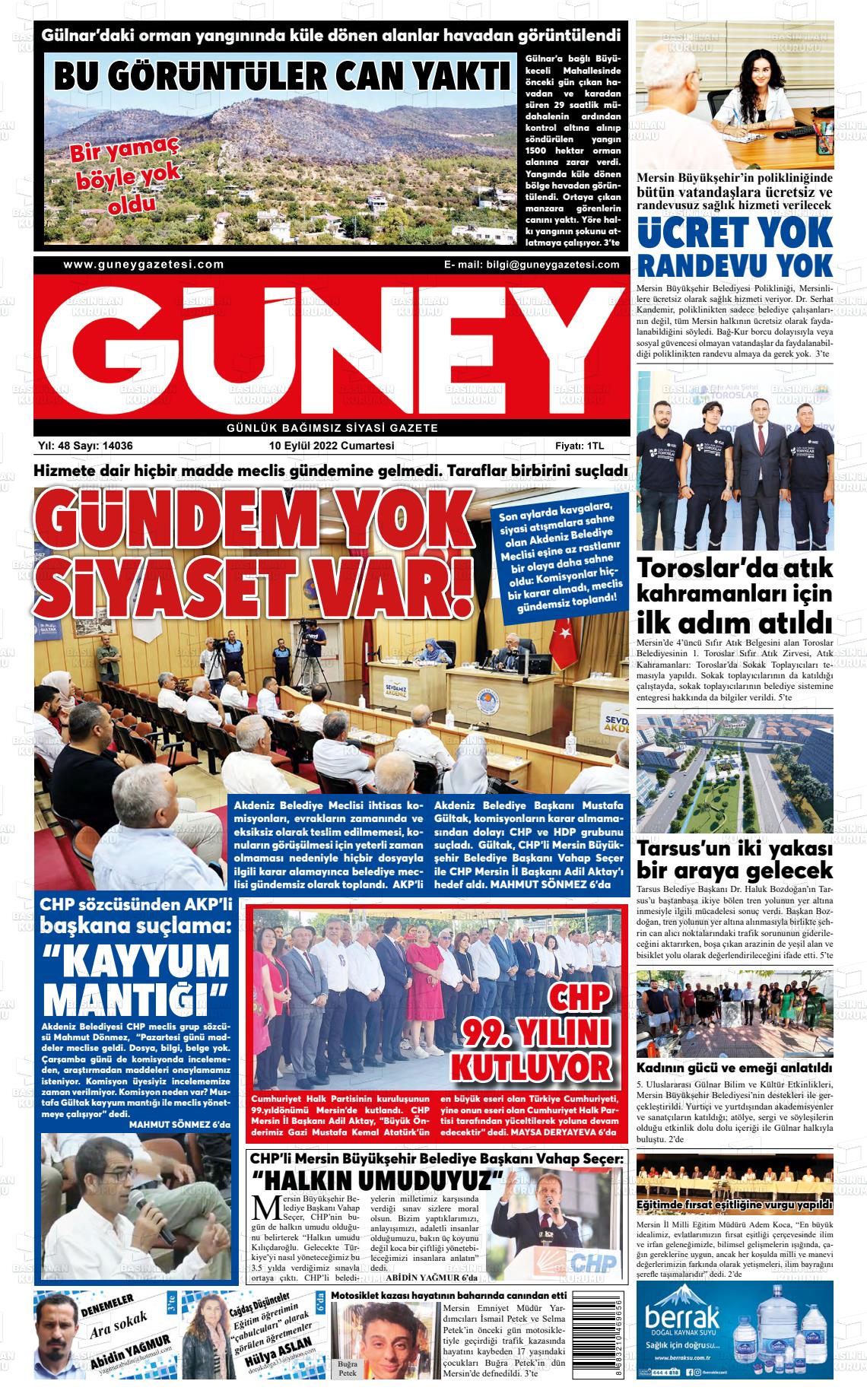 08 Kasım 2022 Mersin Güney Gazete Manşeti