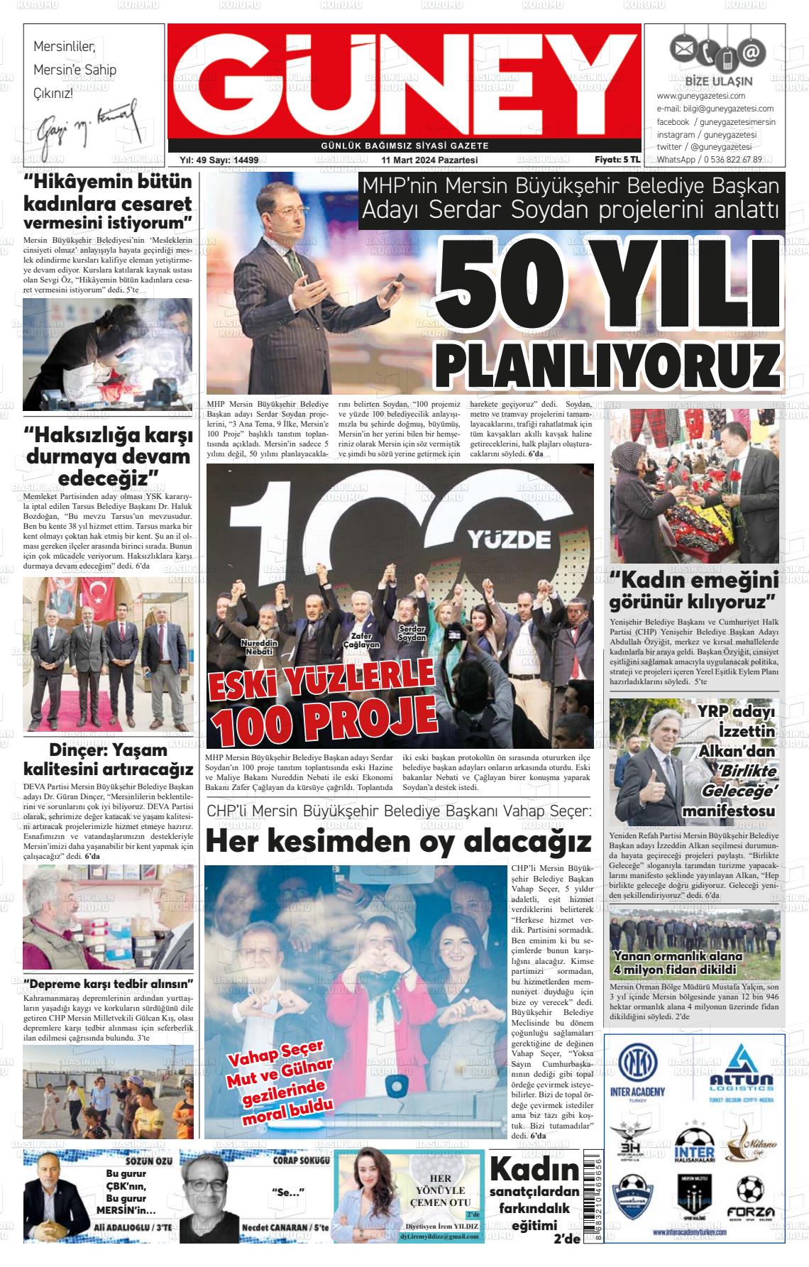 11 Mart 2024 Mersin Güney Gazete Manşeti