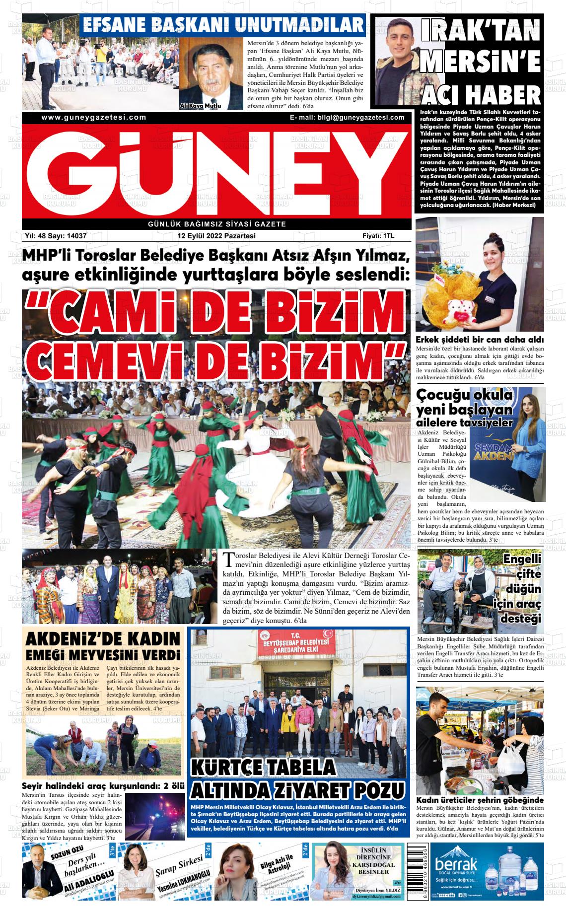 10 Kasım 2022 Mersin Güney Gazete Manşeti