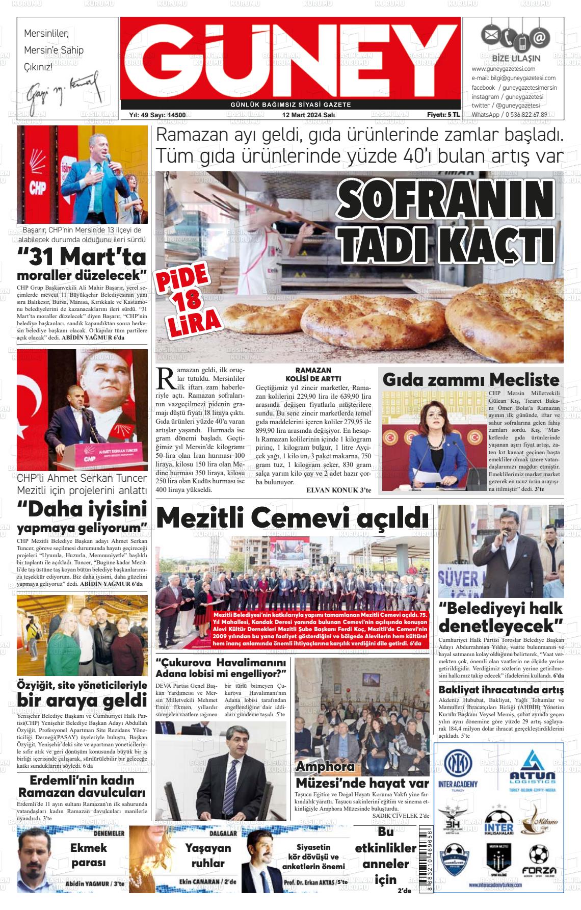 12 Mart 2024 Mersin Güney Gazete Manşeti