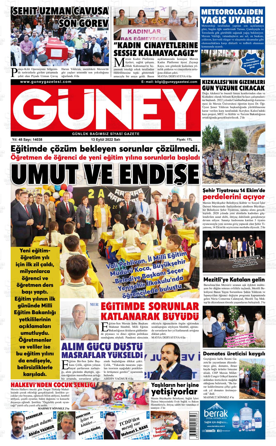 11 Kasım 2022 Mersin Güney Gazete Manşeti