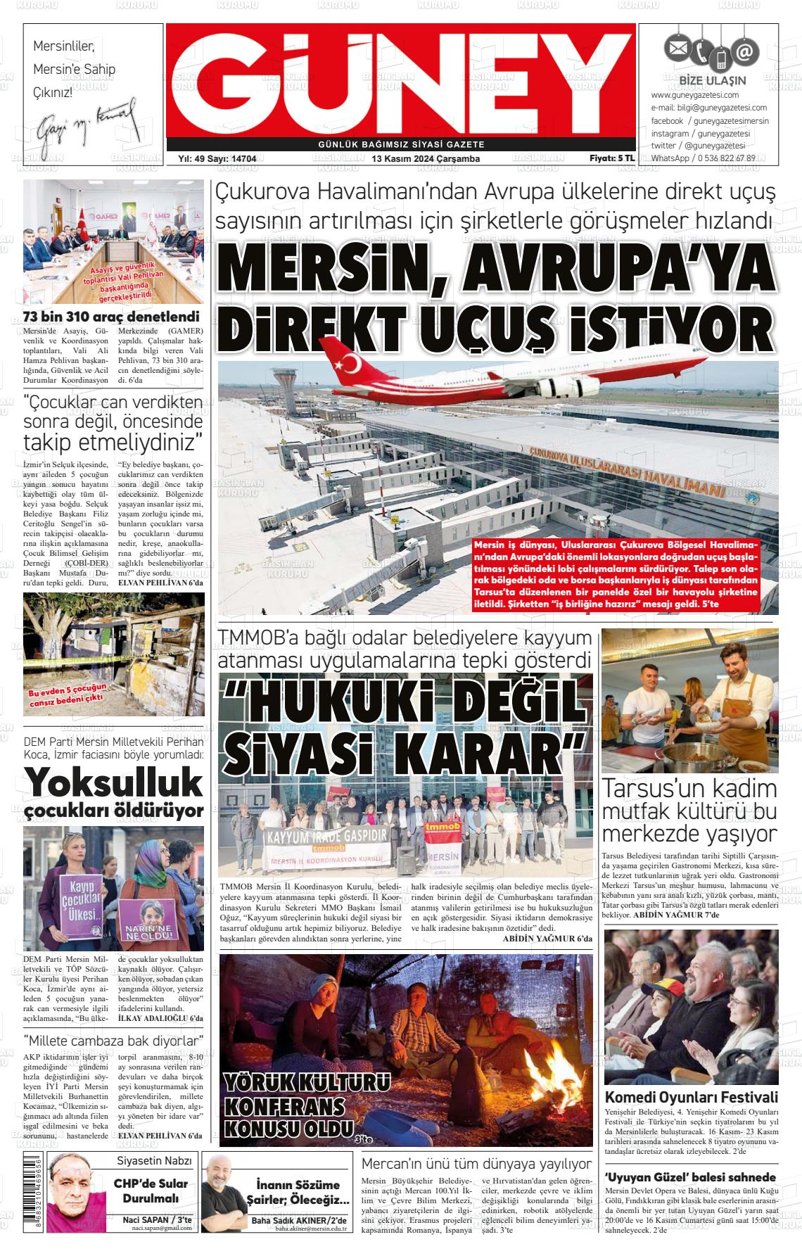 13 Kasım 2024 Mersin Güney Gazete Manşeti