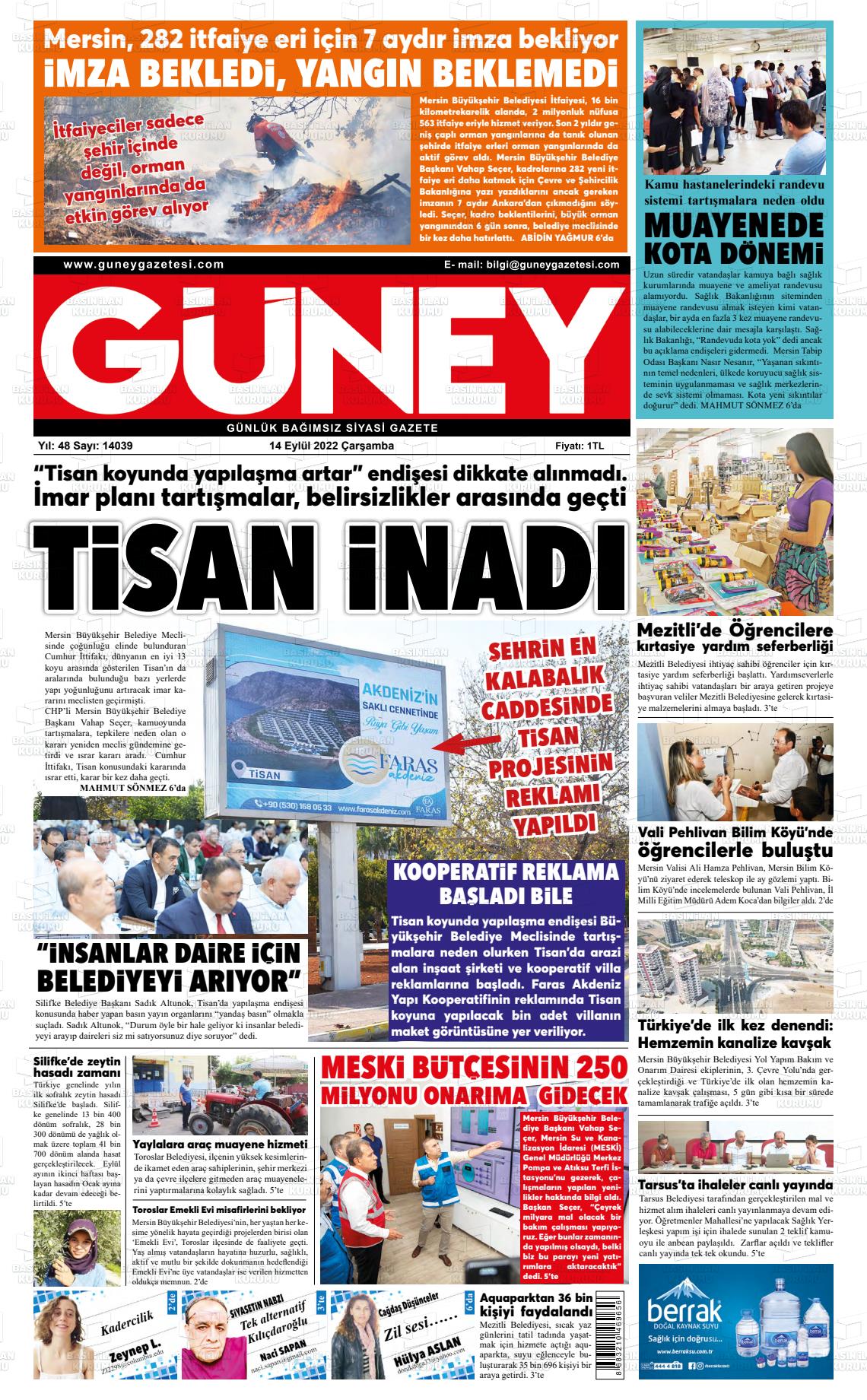 14 Eylül 2022 Mersin Güney Gazete Manşeti