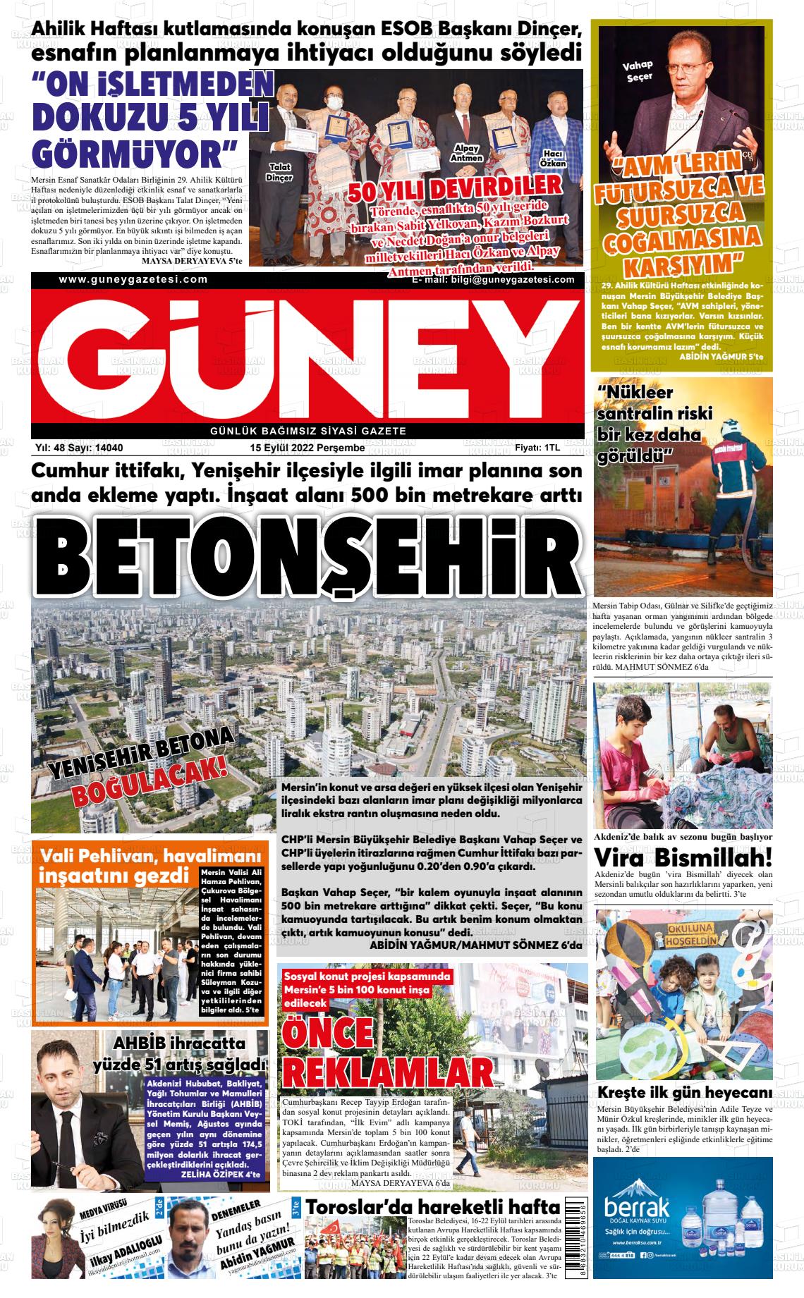 13 Kasım 2022 Mersin Güney Gazete Manşeti