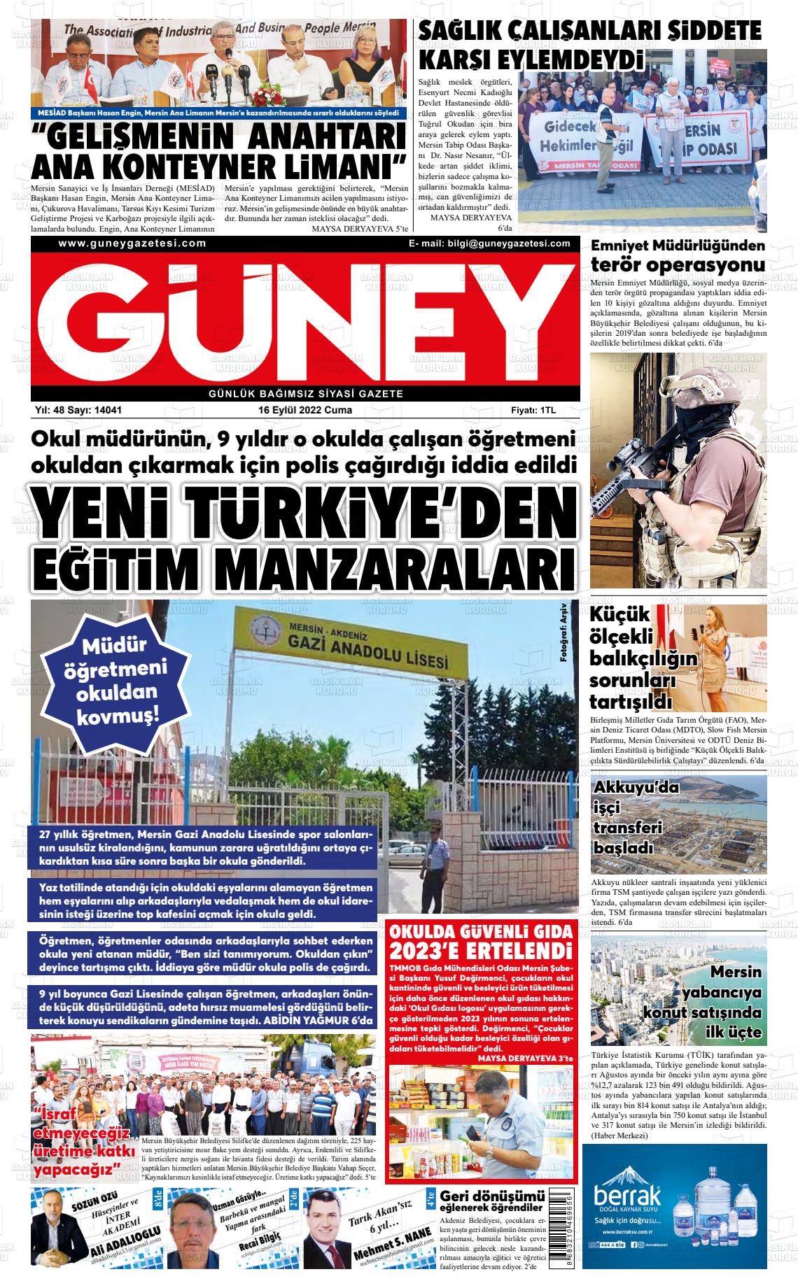 14 Kasım 2022 Mersin Güney Gazete Manşeti