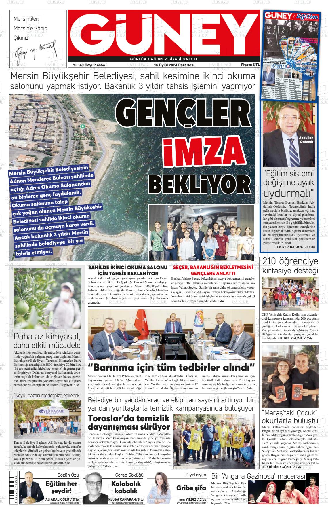 16 Eylül 2024 Mersin Güney Gazete Manşeti