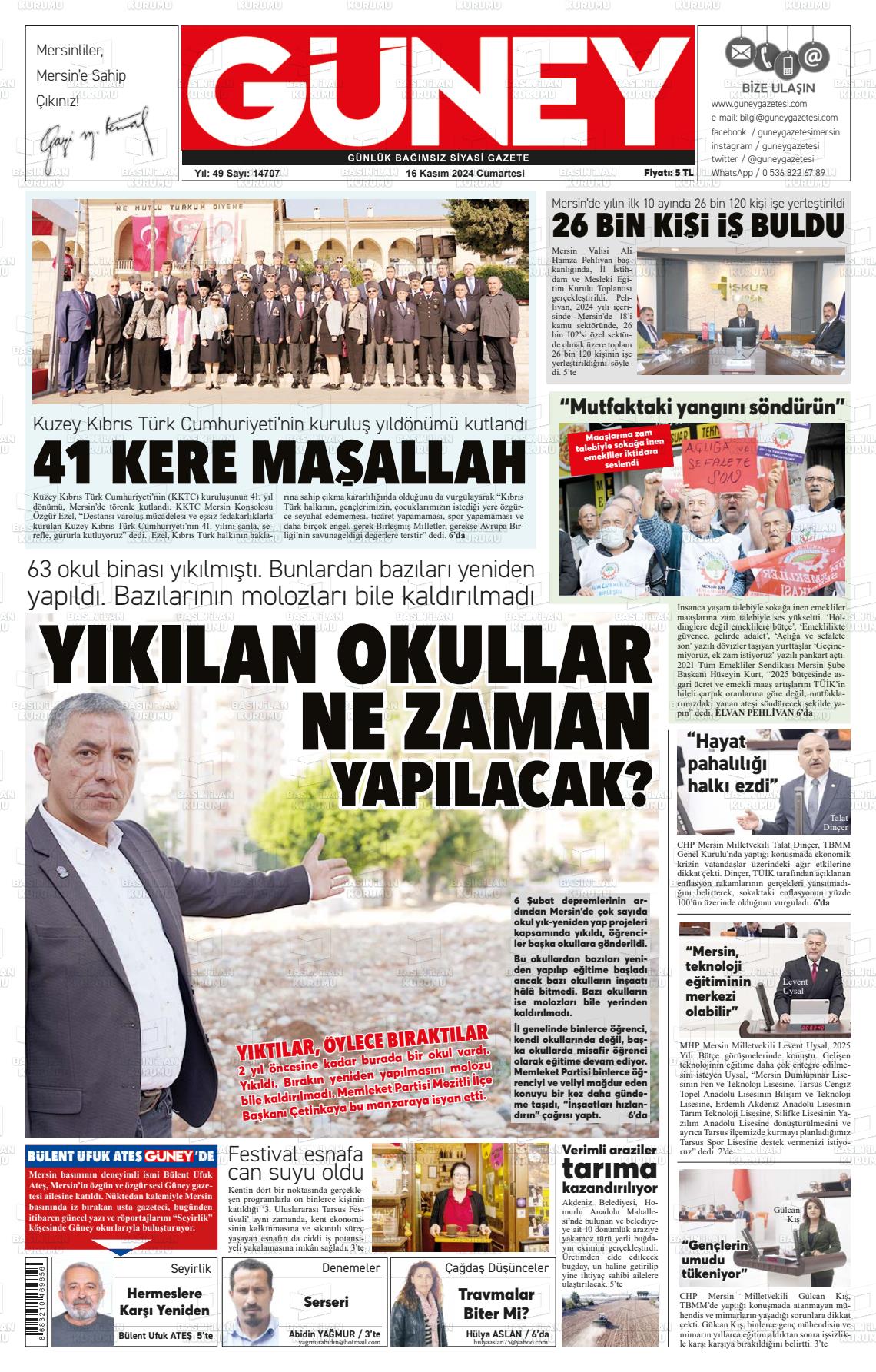 16 Kasım 2024 Mersin Güney Gazete Manşeti