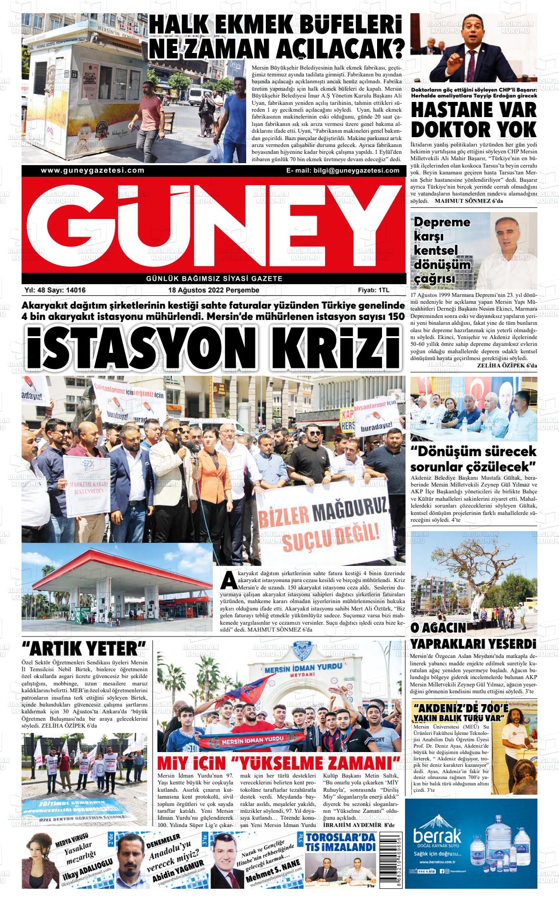 16 Ekim 2022 Mersin Güney Gazete Manşeti