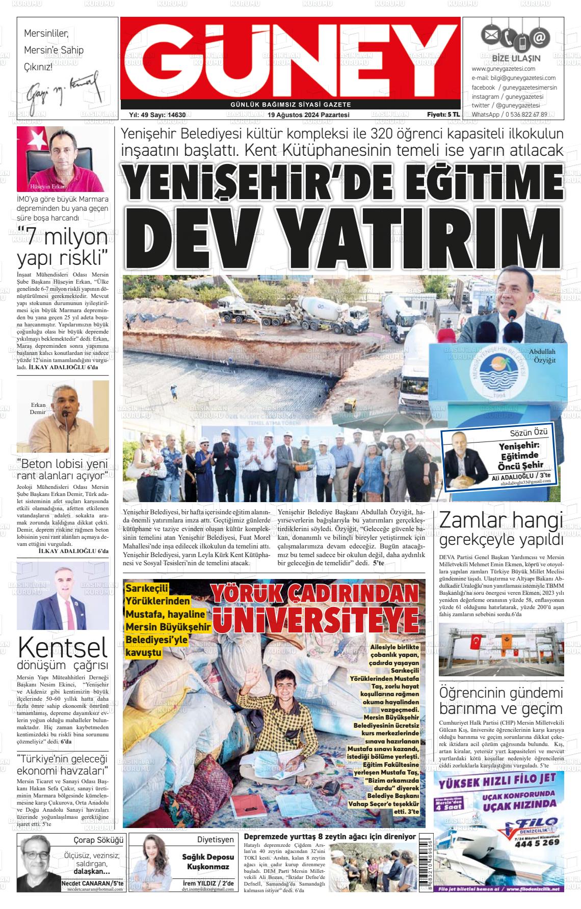 19 Ağustos 2024 Mersin Güney Gazete Manşeti