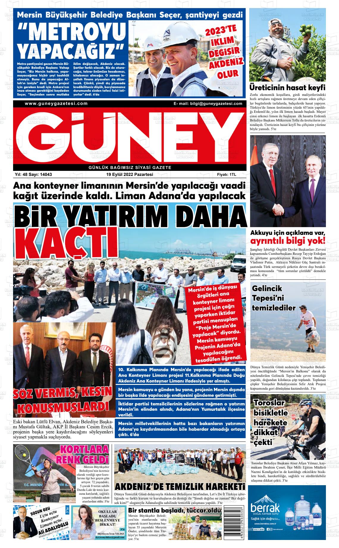 17 Kasım 2022 Mersin Güney Gazete Manşeti