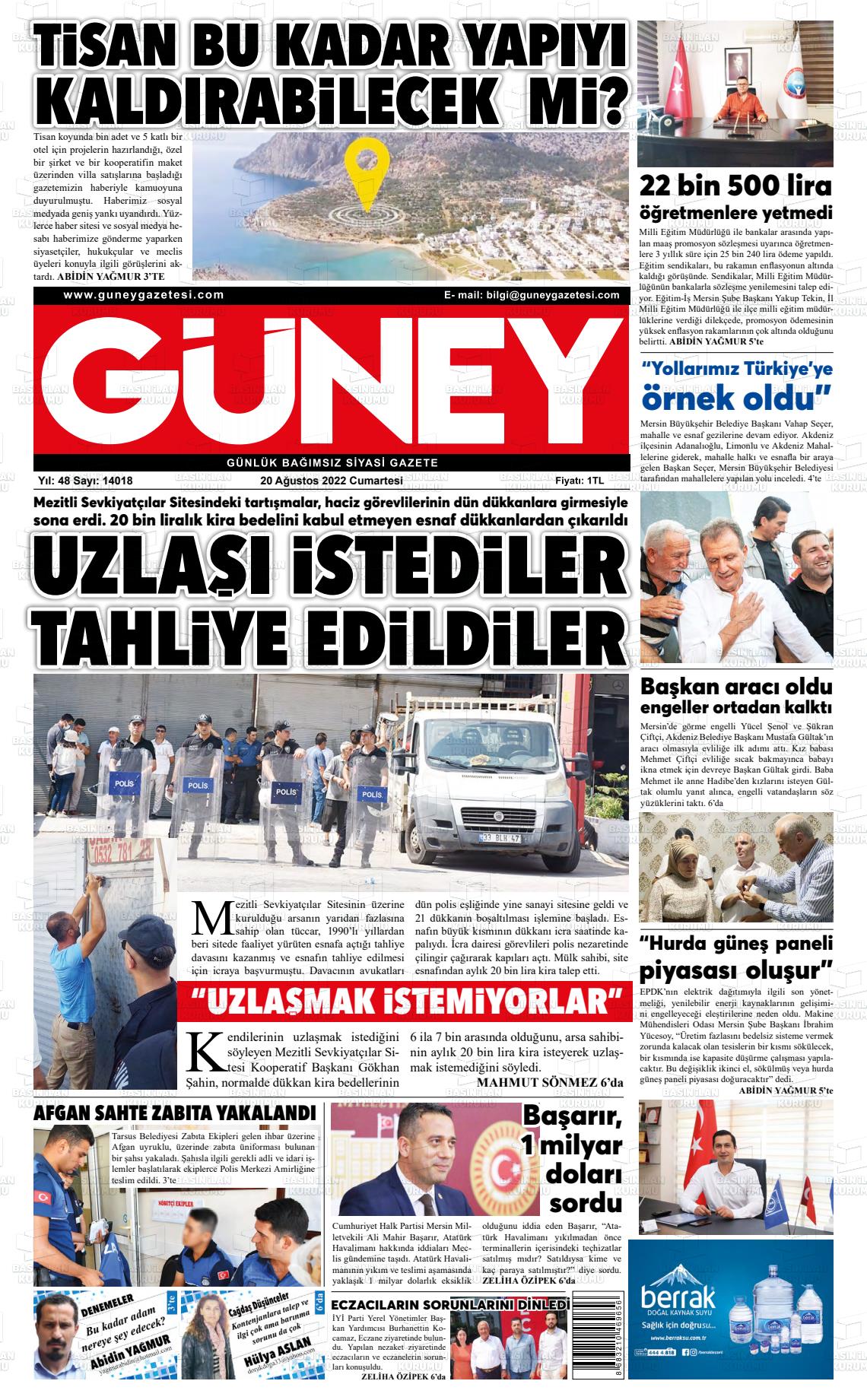 20 Ağustos 2022 Mersin Güney Gazete Manşeti