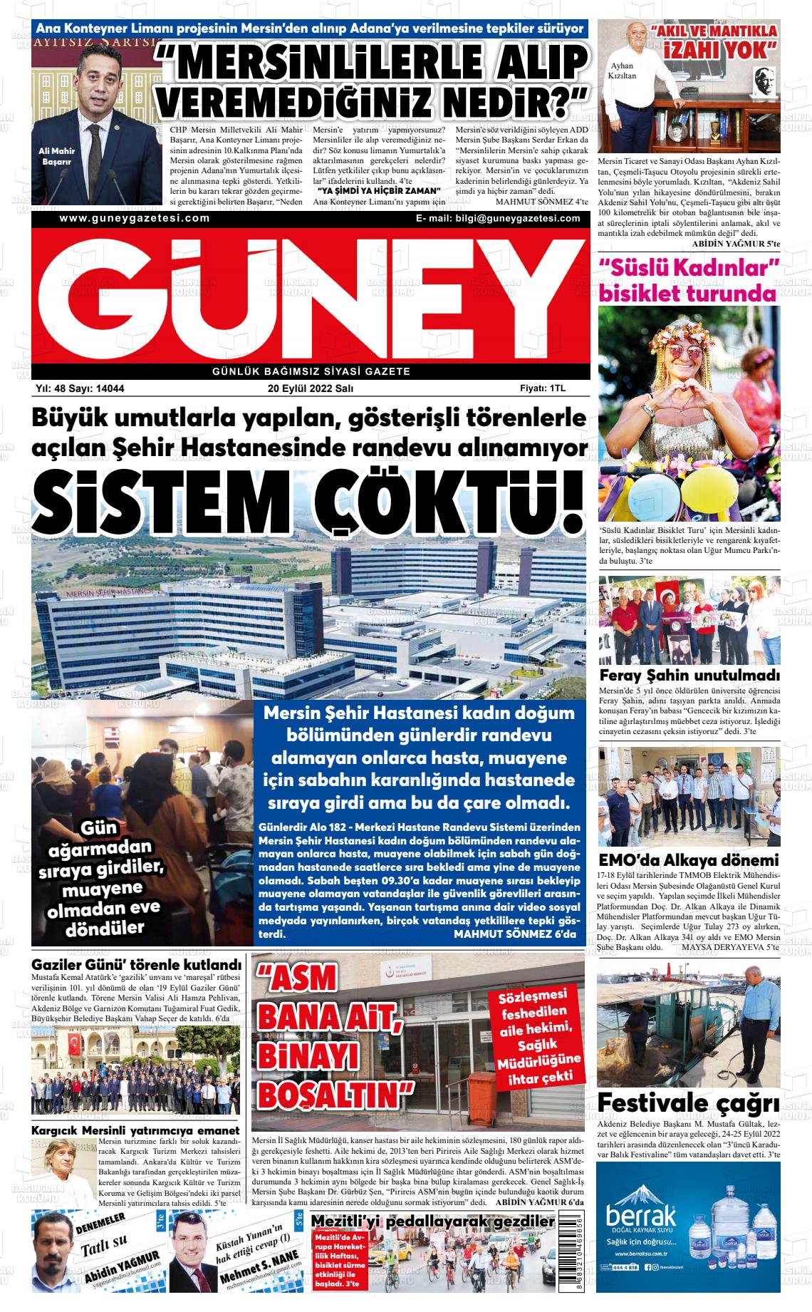 18 Kasım 2022 Mersin Güney Gazete Manşeti