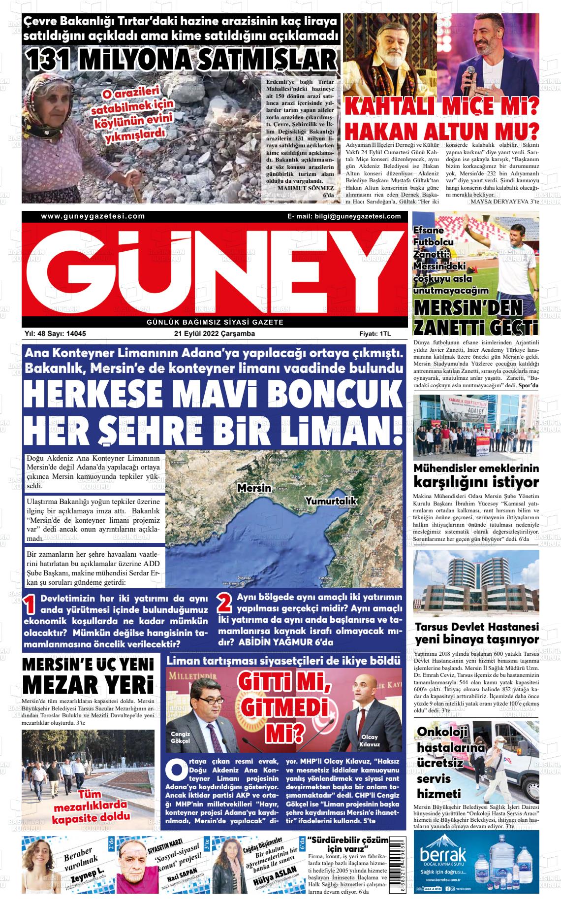 21 Eylül 2022 Mersin Güney Gazete Manşeti