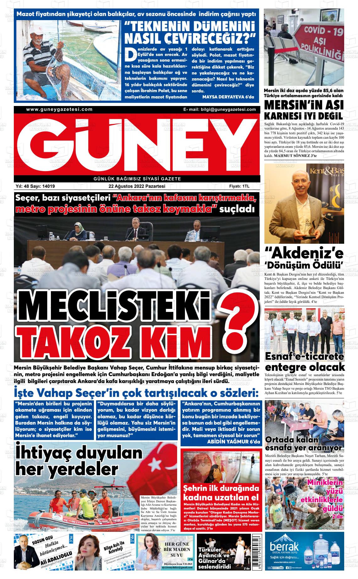 23 Ağustos 2022 Mersin Güney Gazete Manşeti