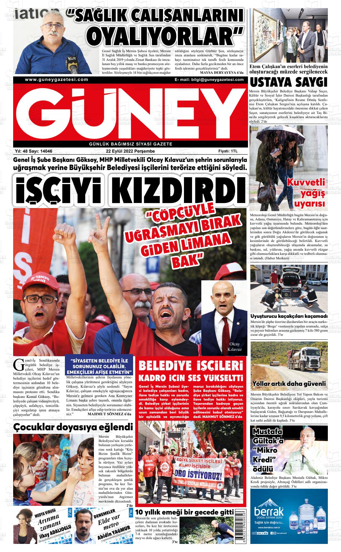 20 Kasım 2022 Mersin Güney Gazete Manşeti