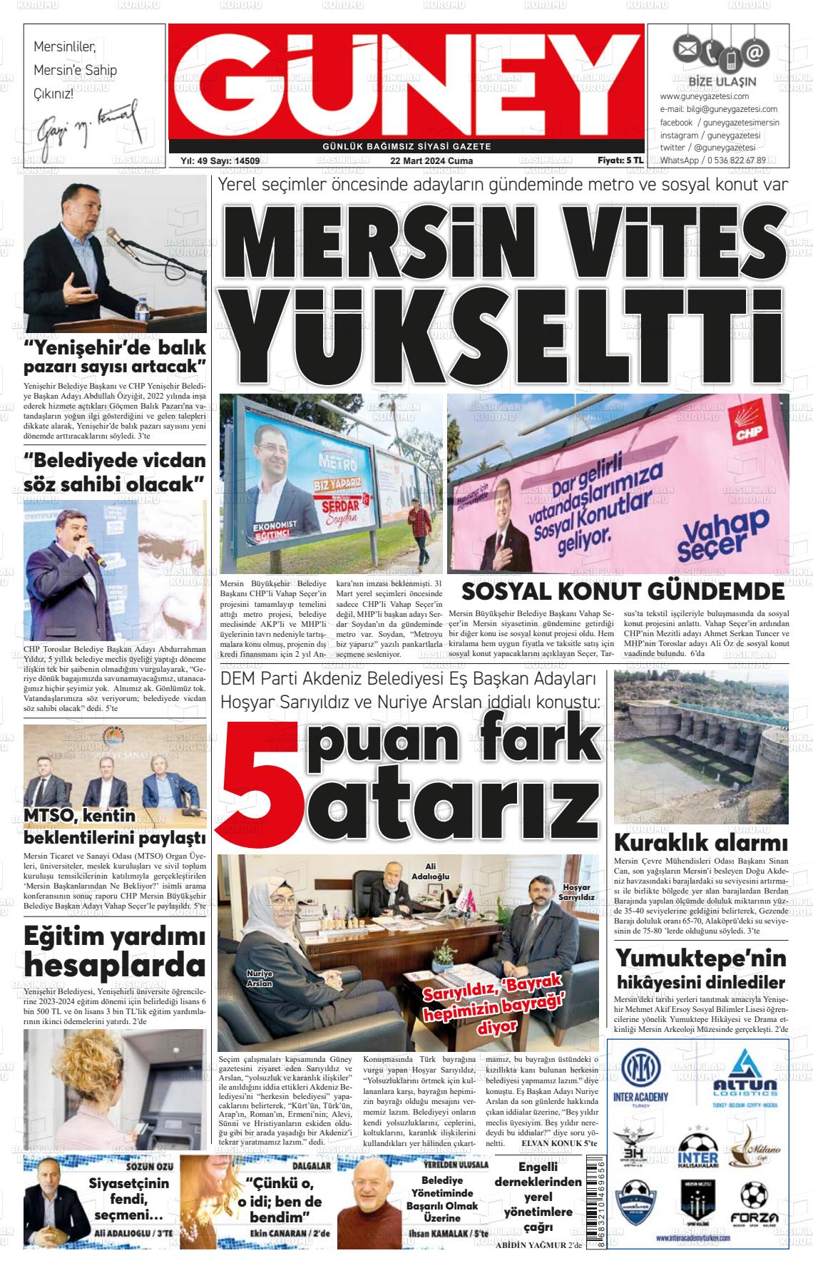 22 Mart 2024 Mersin Güney Gazete Manşeti