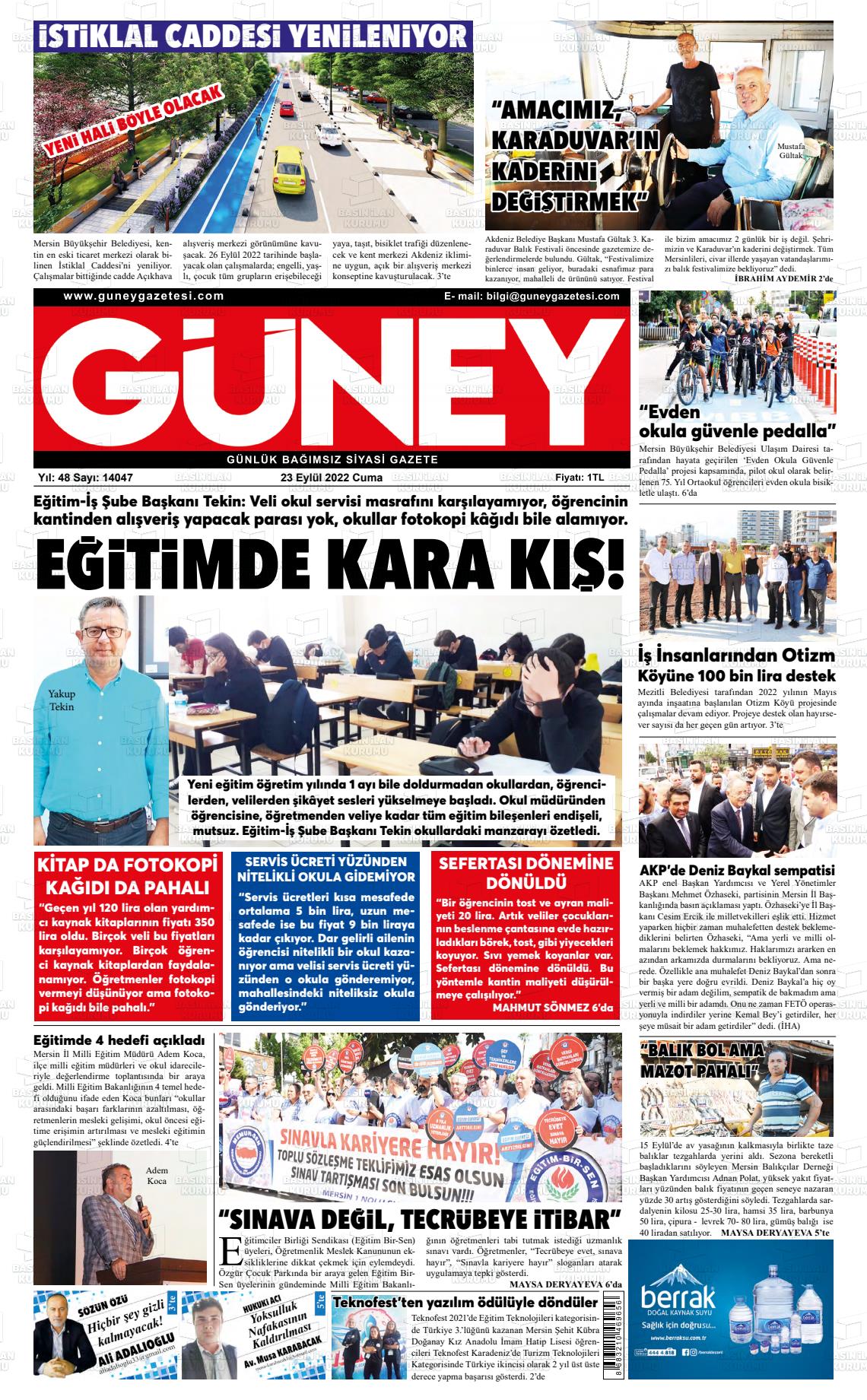 23 Eylül 2022 Mersin Güney Gazete Manşeti