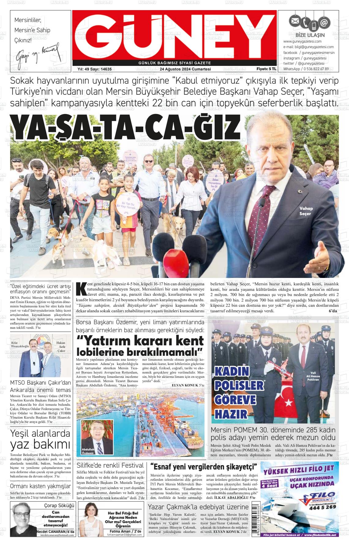 24 Ağustos 2024 Mersin Güney Gazete Manşeti