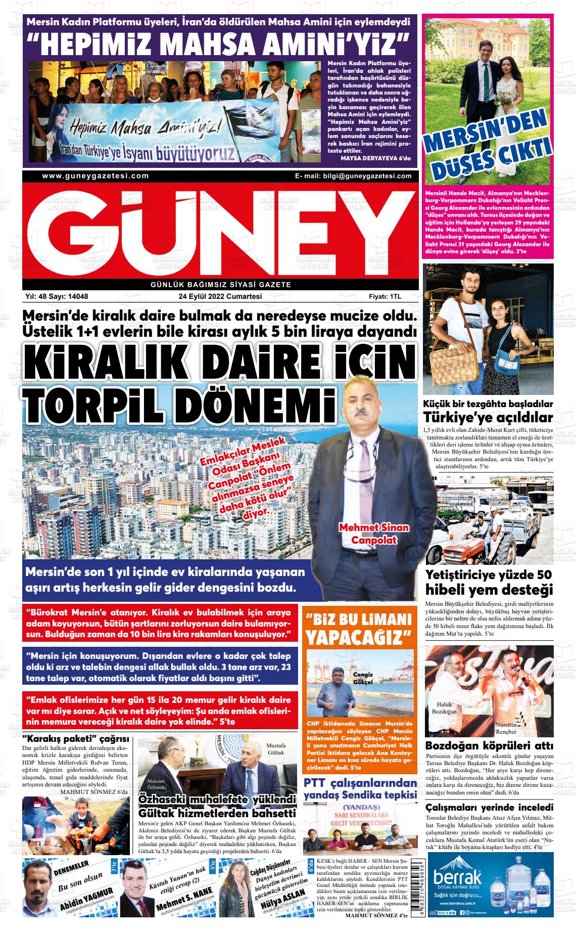 24 Eylül 2022 Mersin Güney Gazete Manşeti