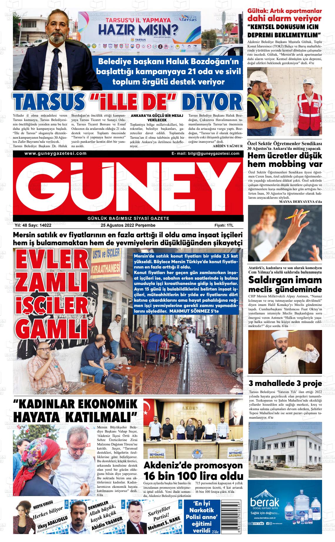 25 Ağustos 2022 Mersin Güney Gazete Manşeti