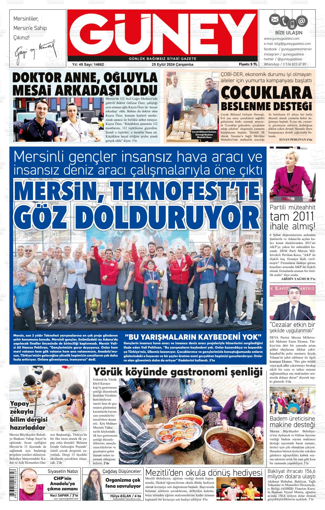 25 Eylül 2024 Mersin Güney Gazete Manşeti